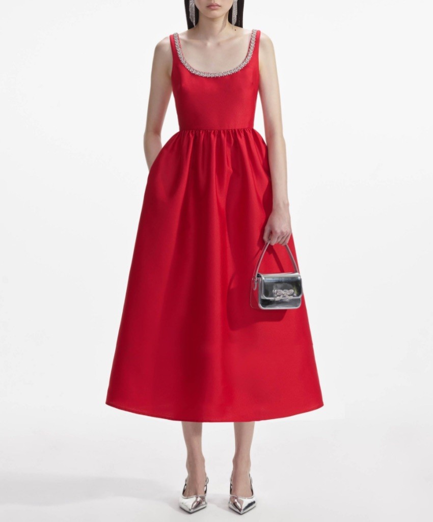 Self-portrait Red Taffeta Diamante Midi Dress – Size UK 14/ US 10