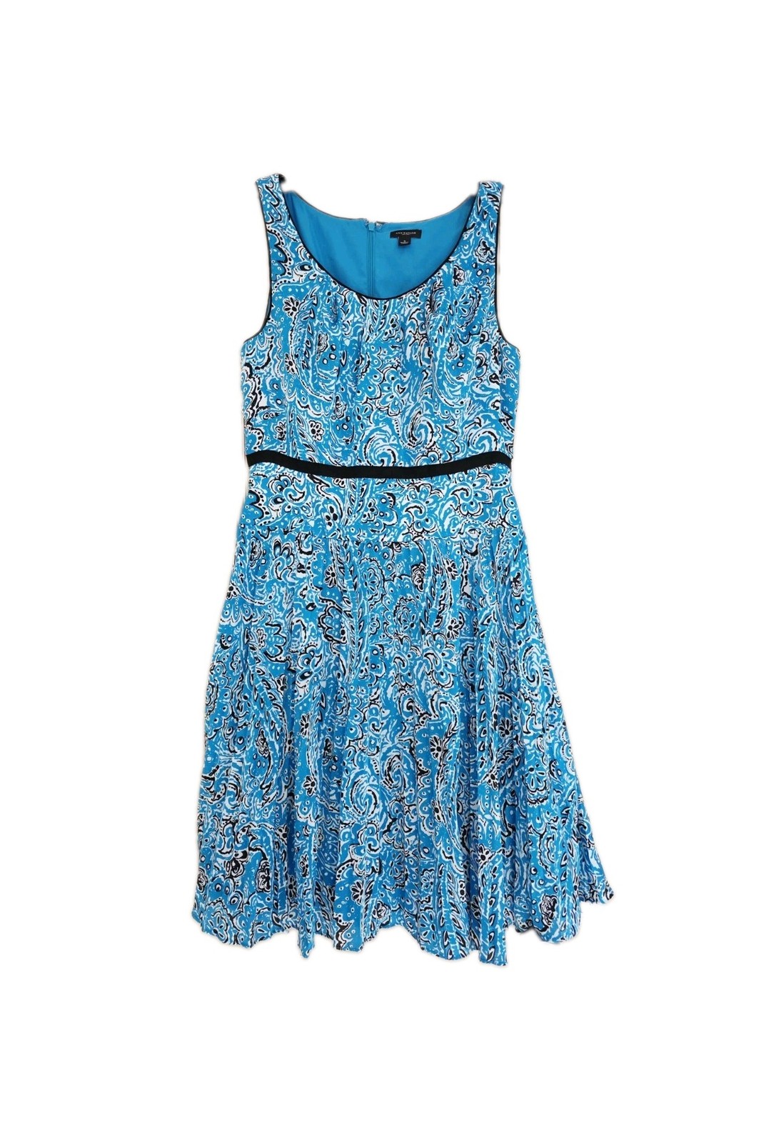 Ann Taylor Sleeveless Dress Size 4 Floral Print Blue/White/Black Pleated Skirt