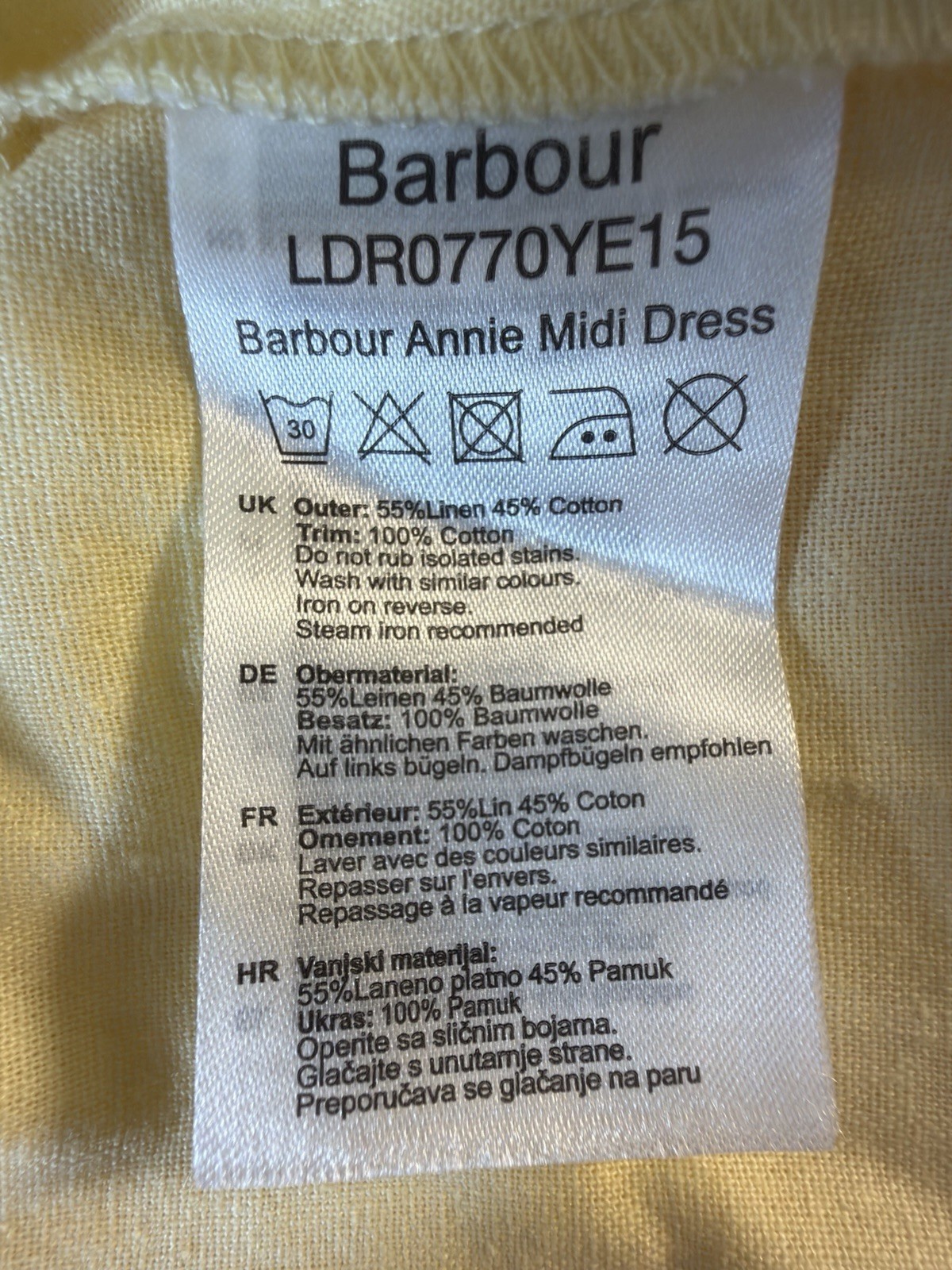 Barbour Yellow Linen Midi Dress Puff Sleeve Tie Back Womens 10 NWT
