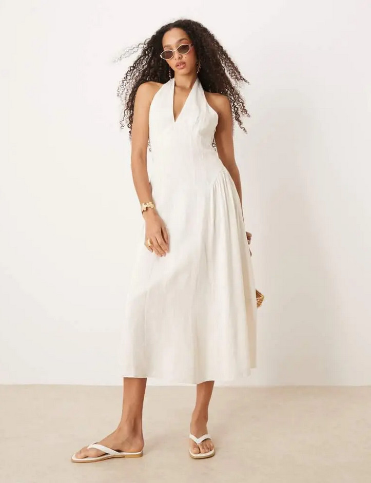 NWT MANGO MNG $140 WHITE STRETCH COTTON HALTER NECK MIDI DRESS SZ S US 4