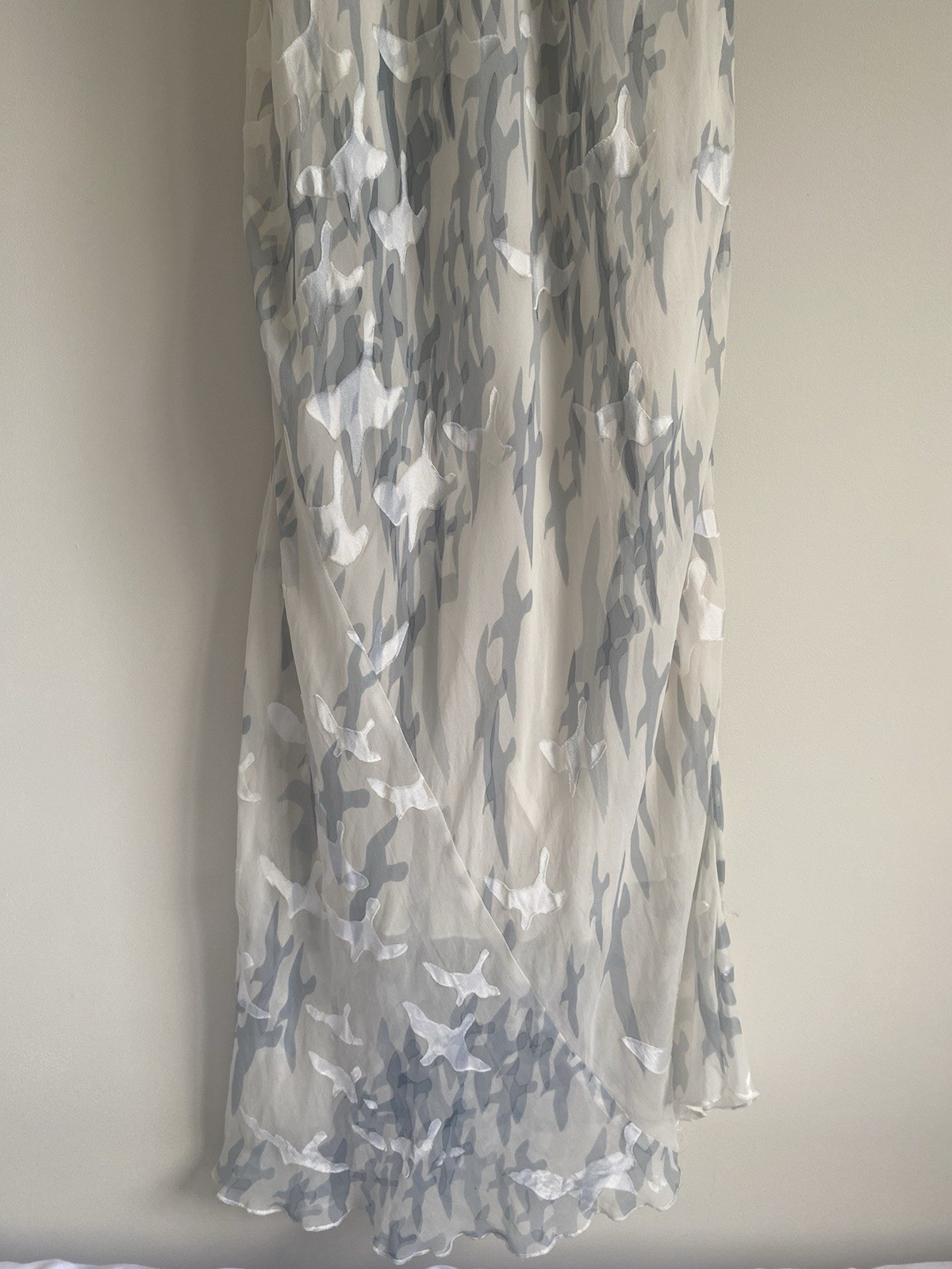4LoveAndLiberty Small Off White Silk Devore Bird Dove Print Cascading Maxi Dress