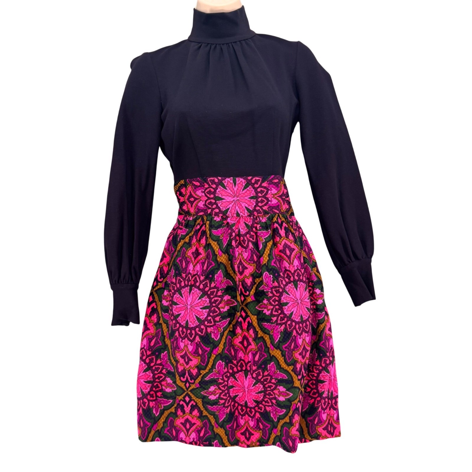 Milly Silk Floral Dress Navy Pink Long Sleeve Belted Fit Flare Knee Length Sz 0