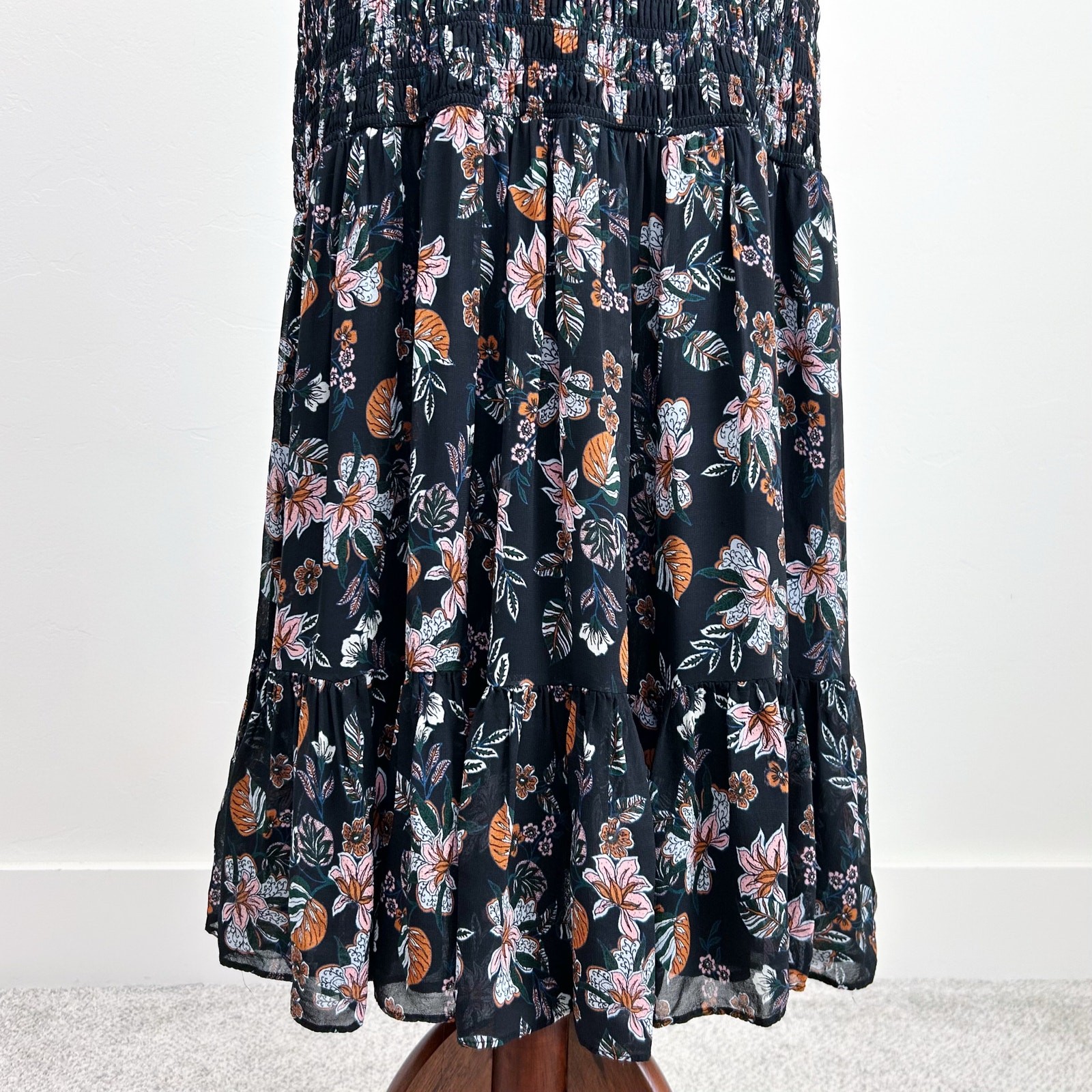Veronica Beard Gabi Black Floral Chiffon Drop Waist Smocked Midi Dress SIZE 6