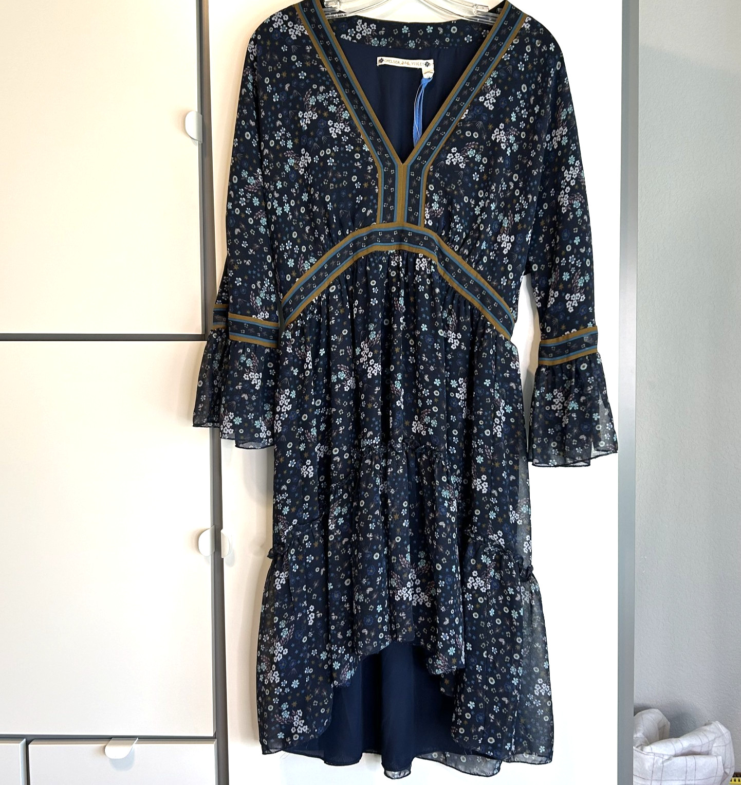 Chelsea & Violet Peasant Dress L Bell Sleeves Ruffle Hem Slip Lined Hi Low Boho