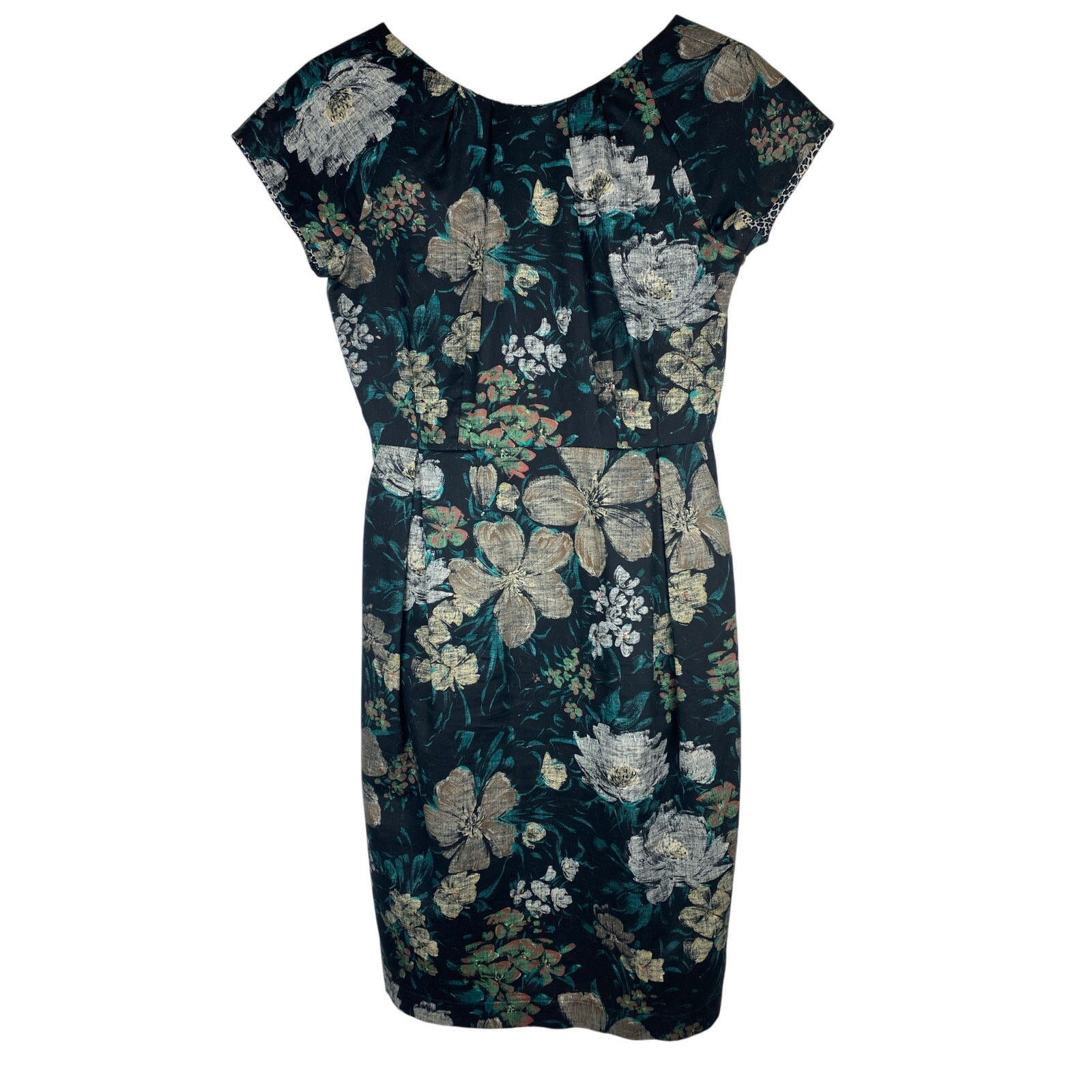 Dema Women’s Size M Black Tan Teal Floral Pleated Short Sleeve Sheath Dress