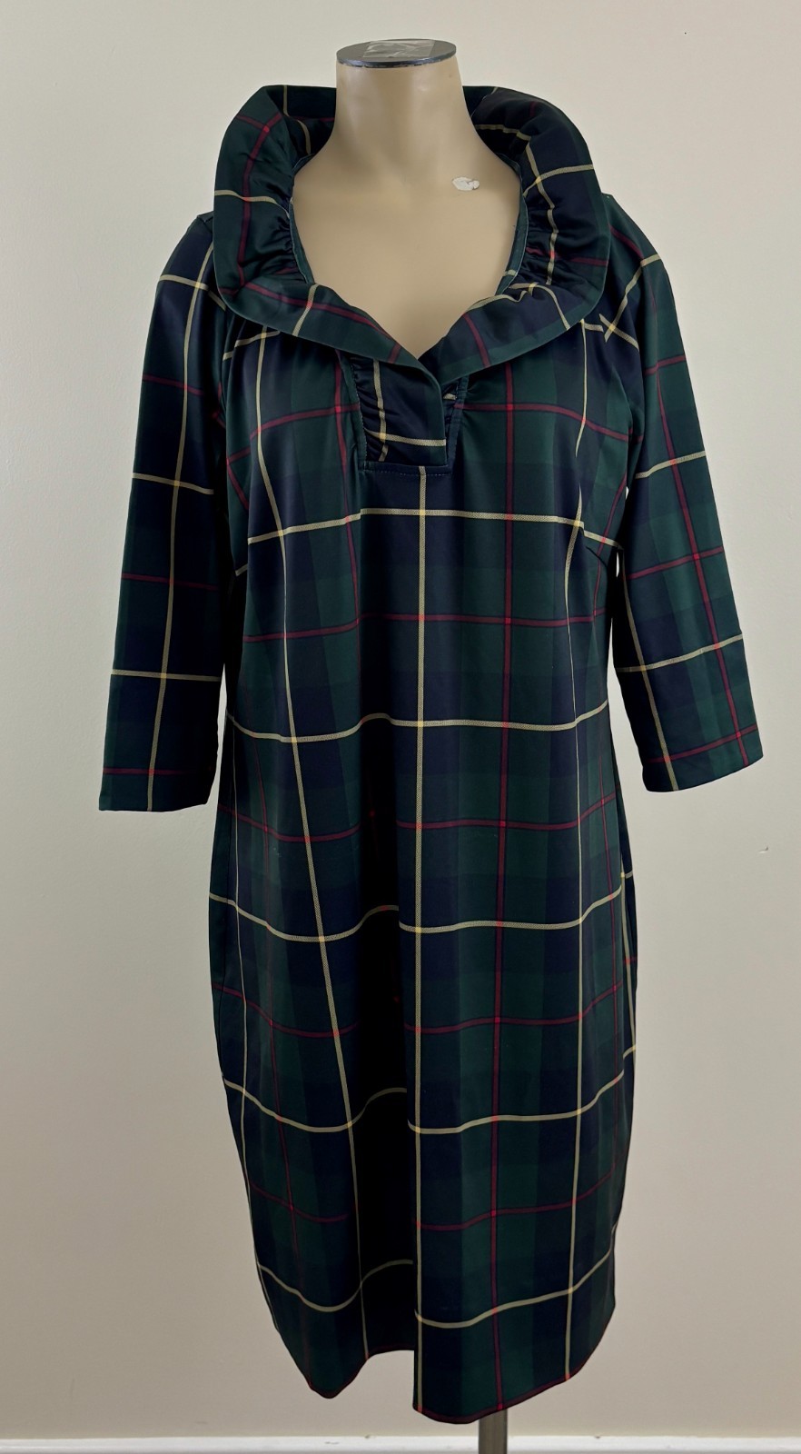 GRETCHEN SCOTT Womens XL Plaidly Cooper Ruffle Neck 3/4 Sleeve Jersey Dress EXC