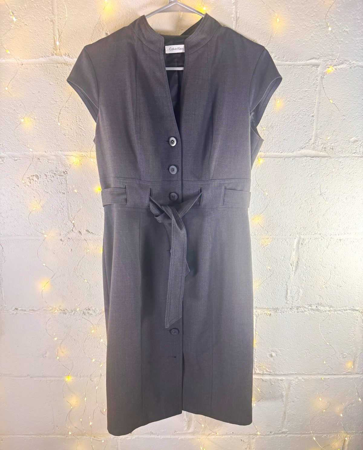 Calvin Klein Gray Sheath Dress Belted Button Front Career Office Midi Dress