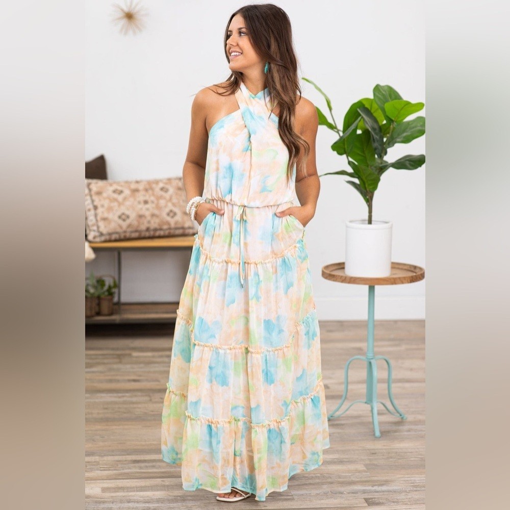 Davi & Dani NEW NWT Peach Multicolor Floral Halter Neck Maxi Dress medium
