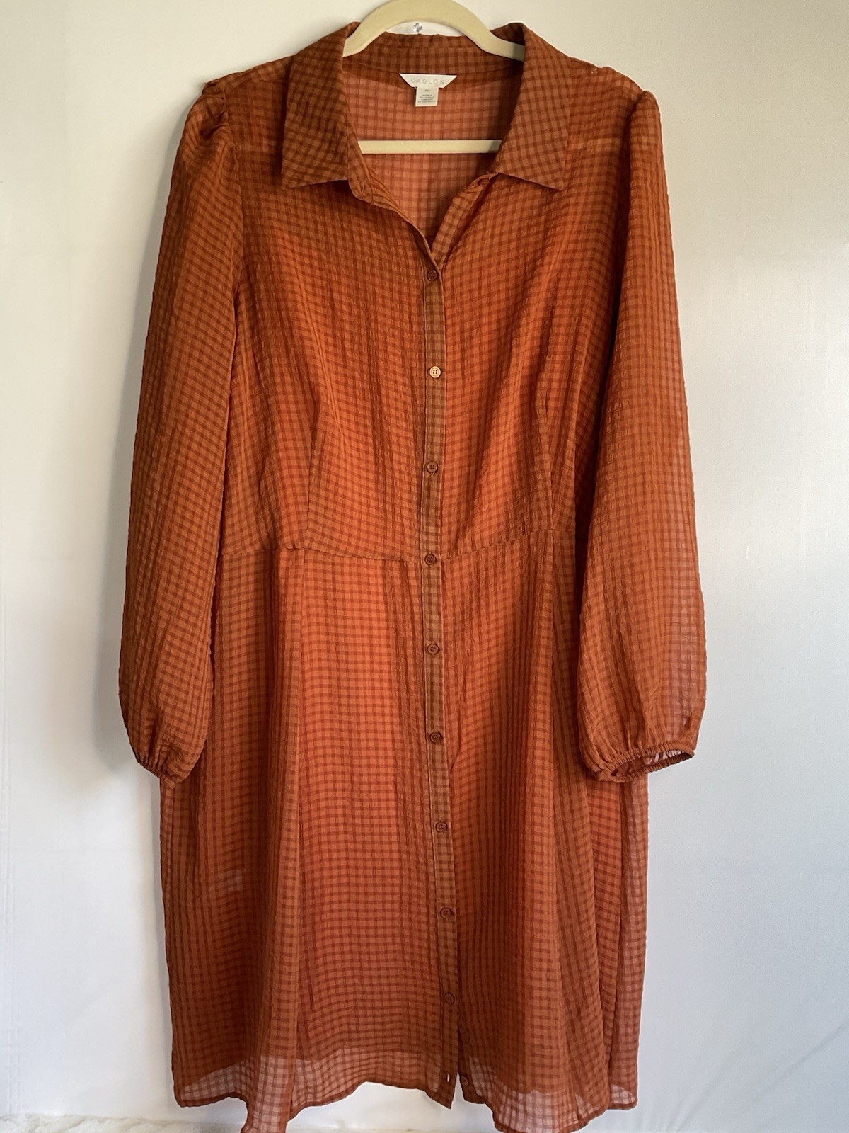 Caslon Rust Orange Plaid Crinkle Gauze Shirt Dress + Matching Solid Slip XXL