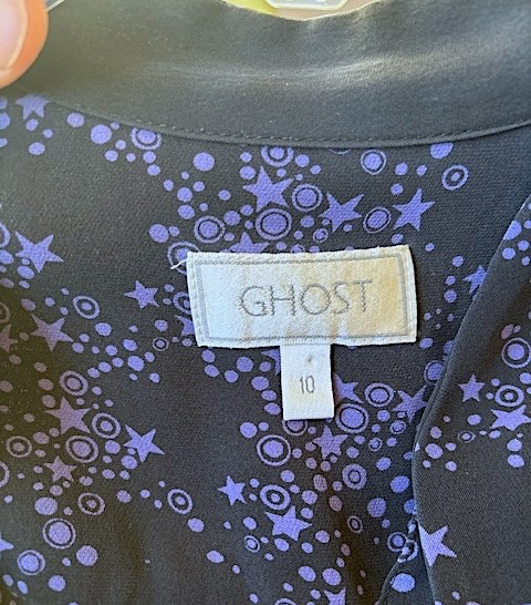 GHOST Vintage Long-Sleeve Silk Print Dress w/ Tie-Neck EUC/UK 10=US 6