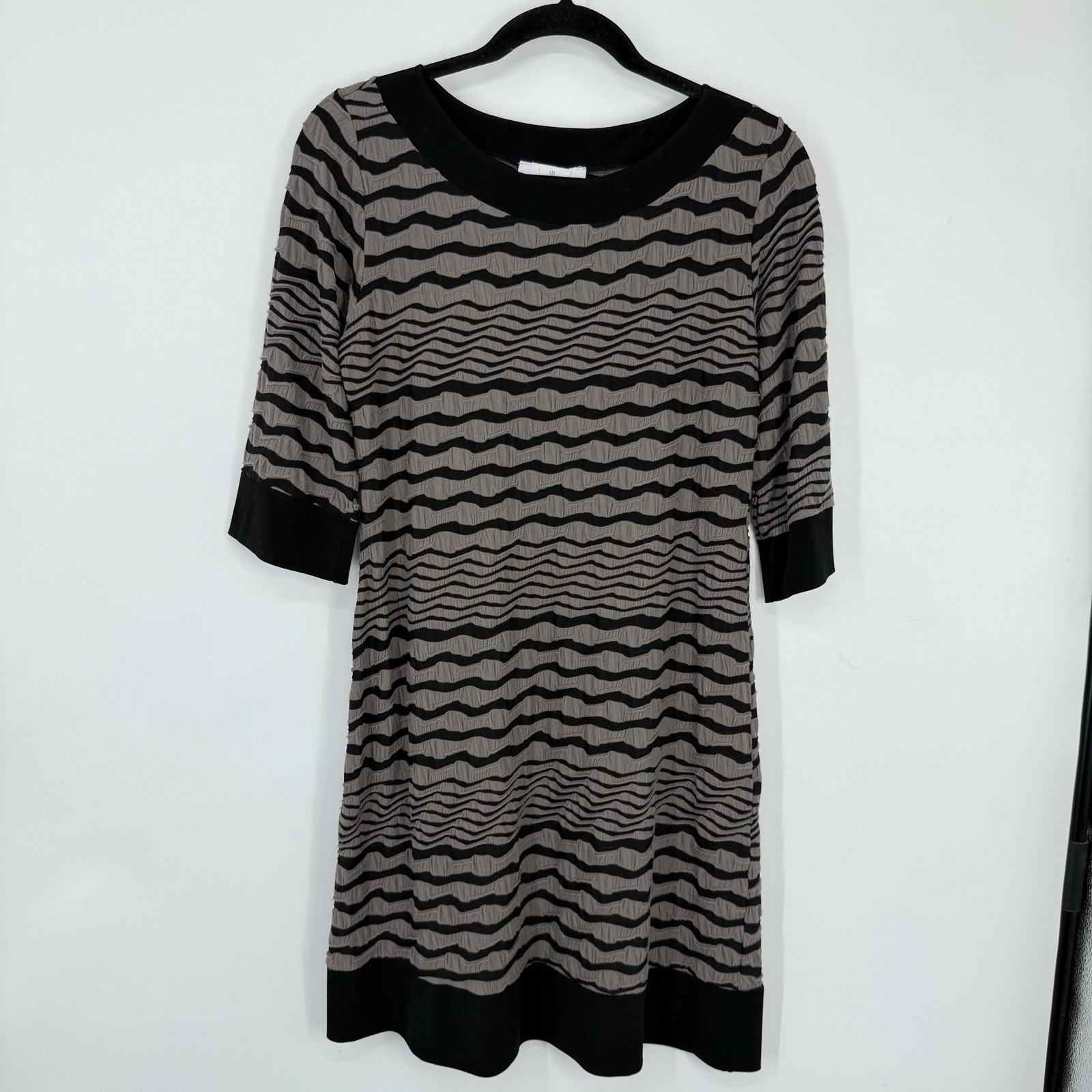Papillon Blanc Shift Dress Large Textured Seamed Gray Stripe Lagenlook