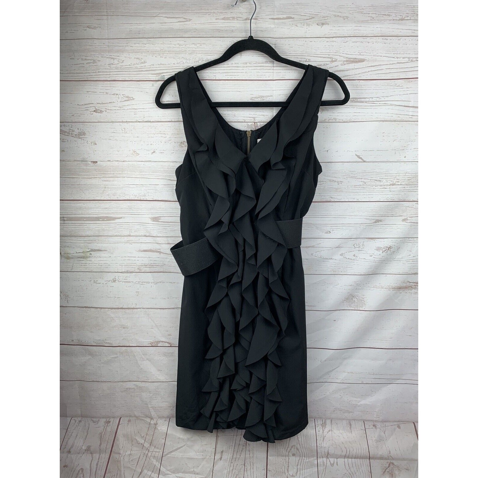 Alythea Dress Womens Medium Black Ruffle Front Black Belted Waist Zip Back LBD