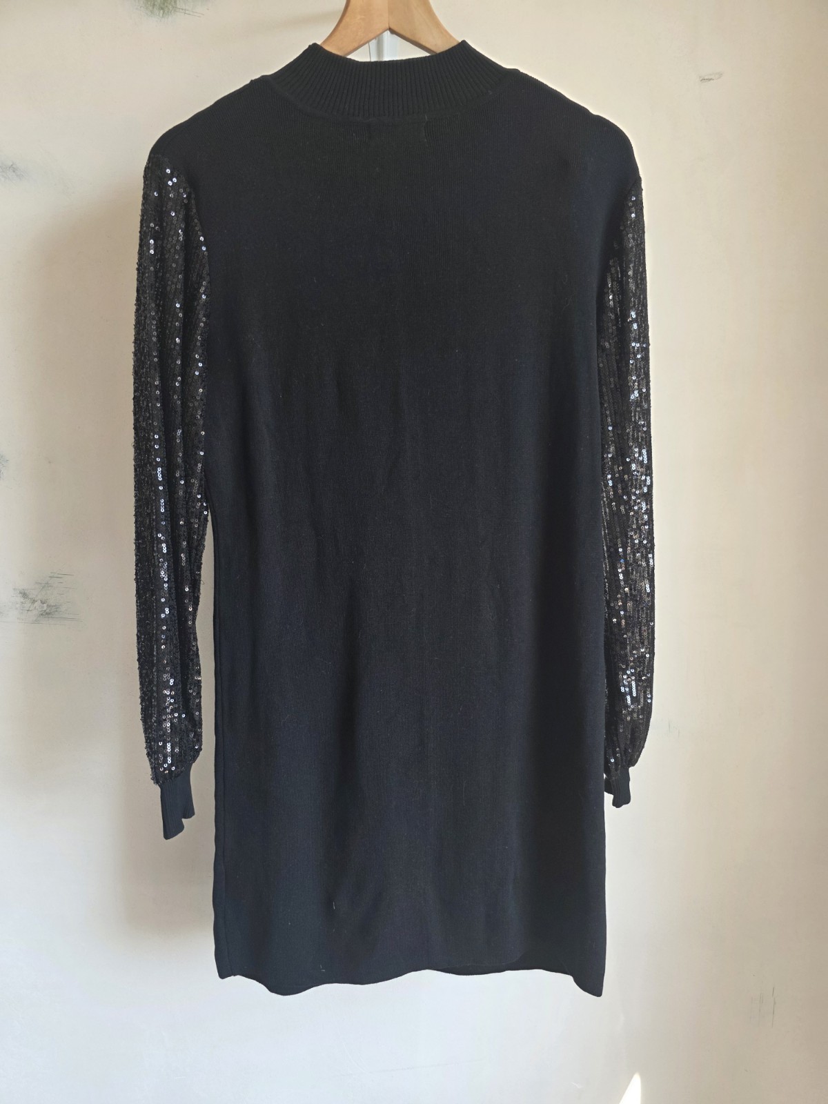 LAETITIA MEM Black Sequin Sleeve Jumper Dress Tunic Size UK 12 Party Sparkle y2k