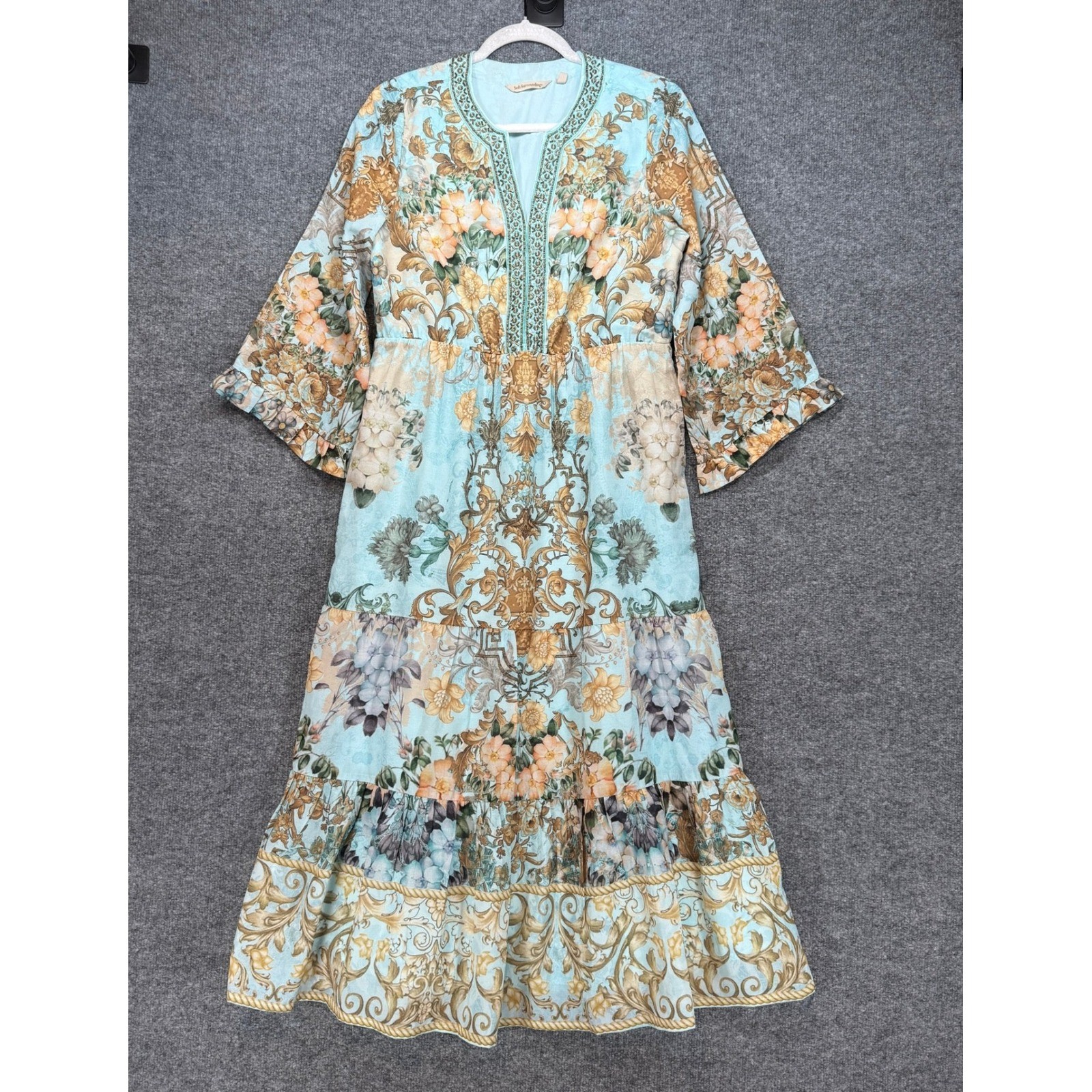 Soft Surroundings Maxi Dress Womens Petite Small Blue Floral Beaded Tiered Boho