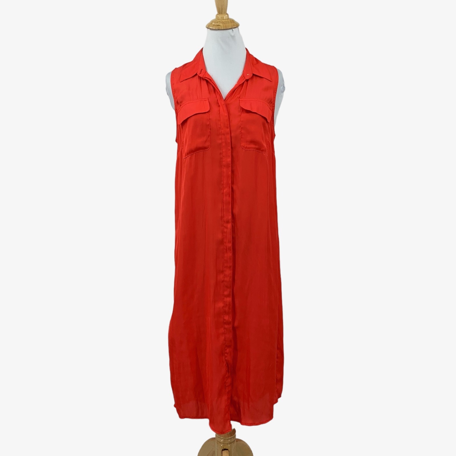 Boston Proper Dress Women S Small Red Collared Hidden Button Chest Pocket Midi