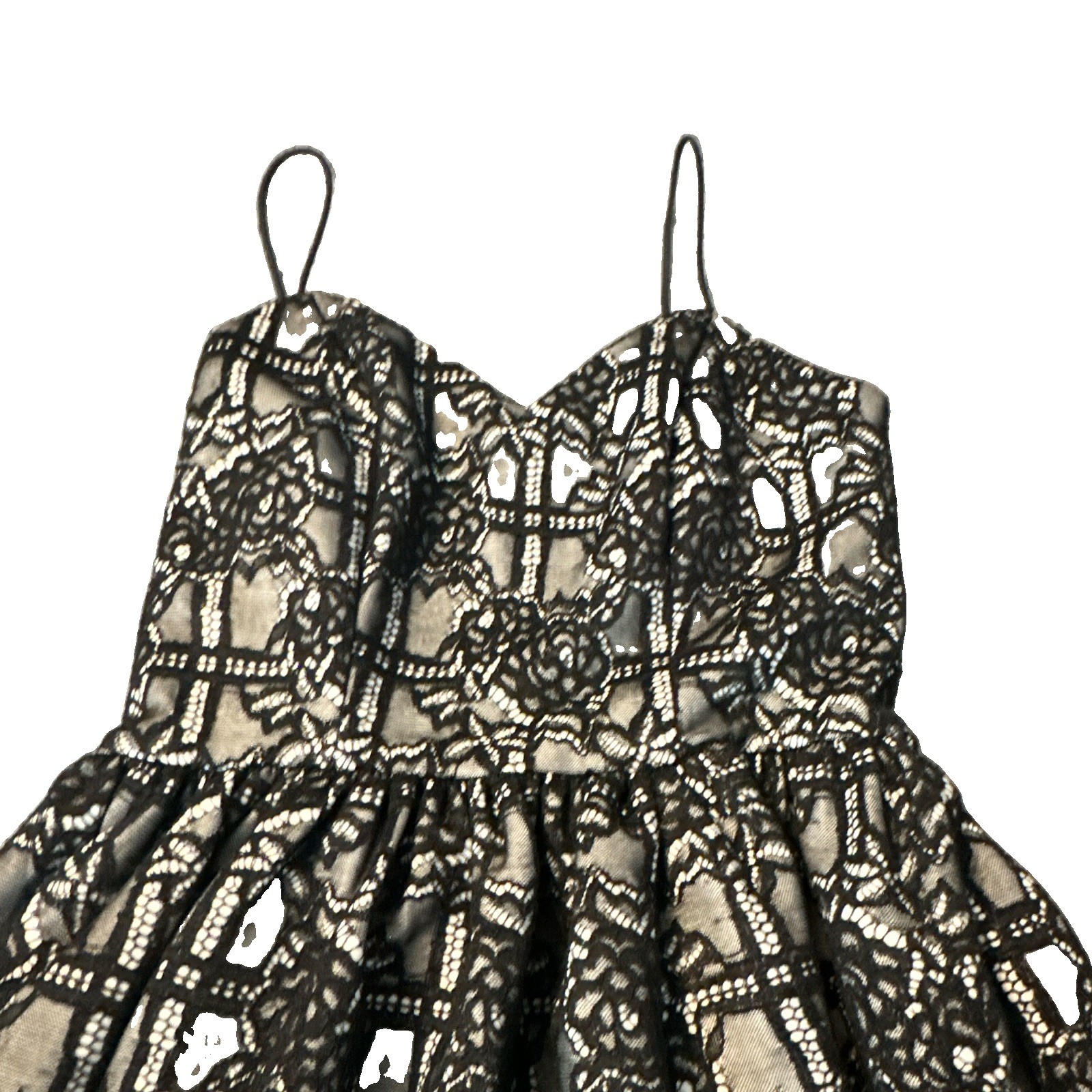 AQUA Fit & Flare Dress Sweetheart Spaghetti Strap Lace Floral Black/White S
