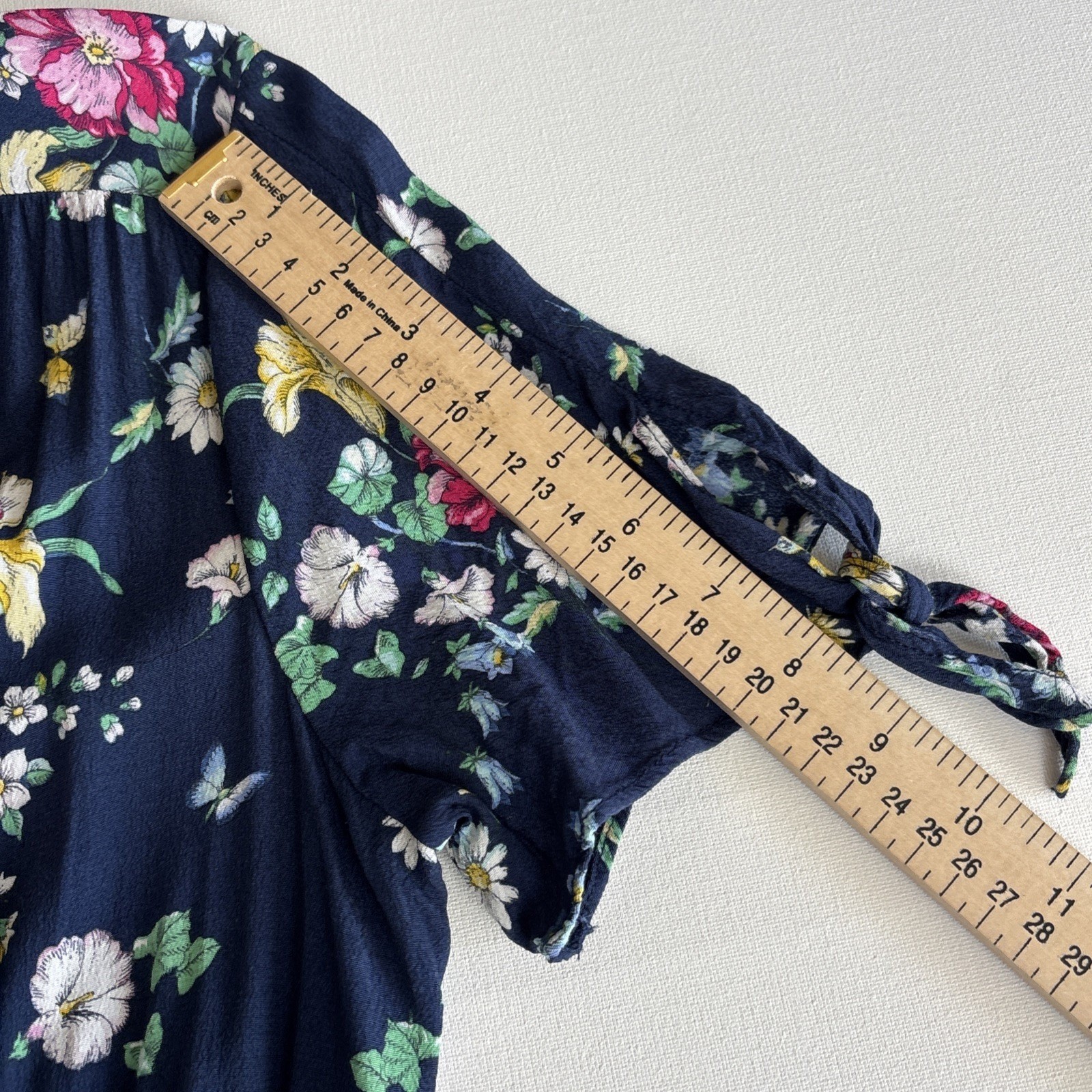 GAP Womens Navy Floral Butterfly V-Neck Midi Dress Short Sleeve Tie Detail M