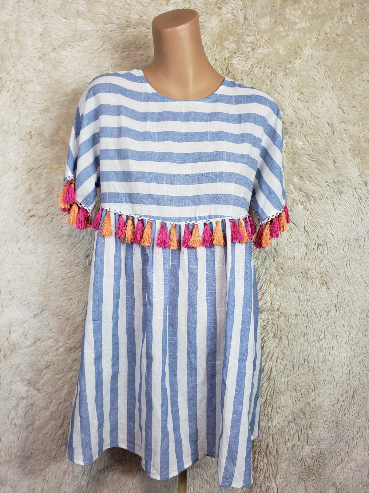 Shien Dress Women’s Size Small Tassels Bathingsuit Coverup Summer Blue Striped T