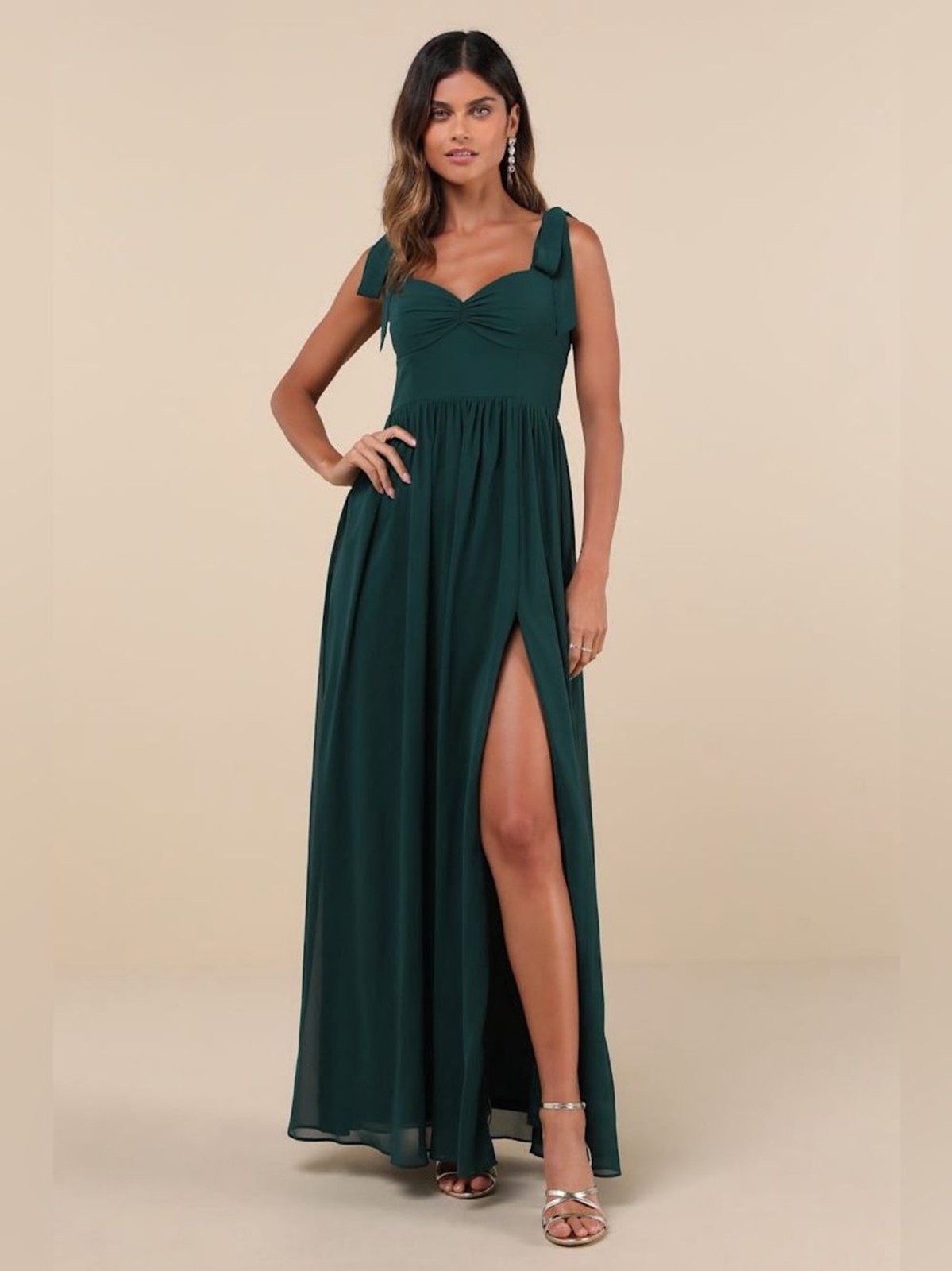 Lulus Radiant Charisma Emerald Chiffon Ruched Tie-Strap Maxi Dress Size XS NWT