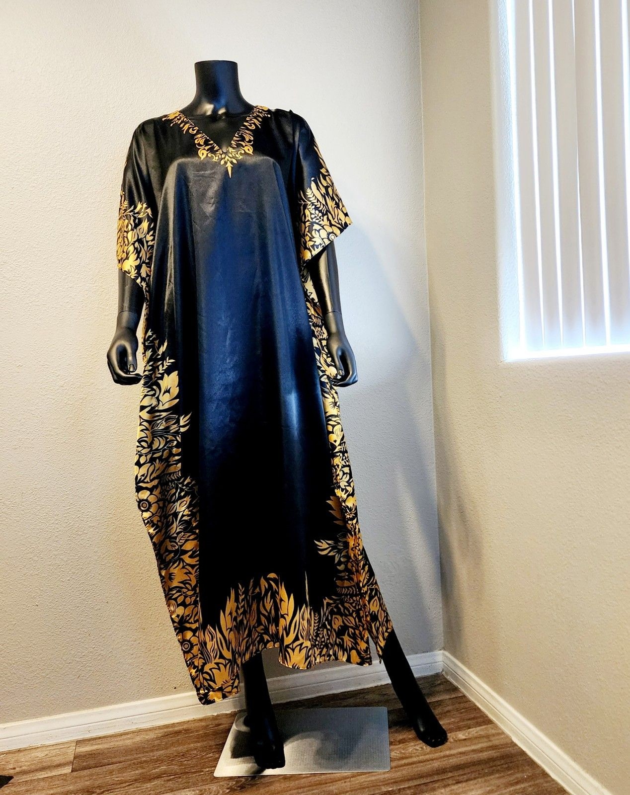 Midnight Velvet Black Caftan With Gold Floral Border And Neckline.