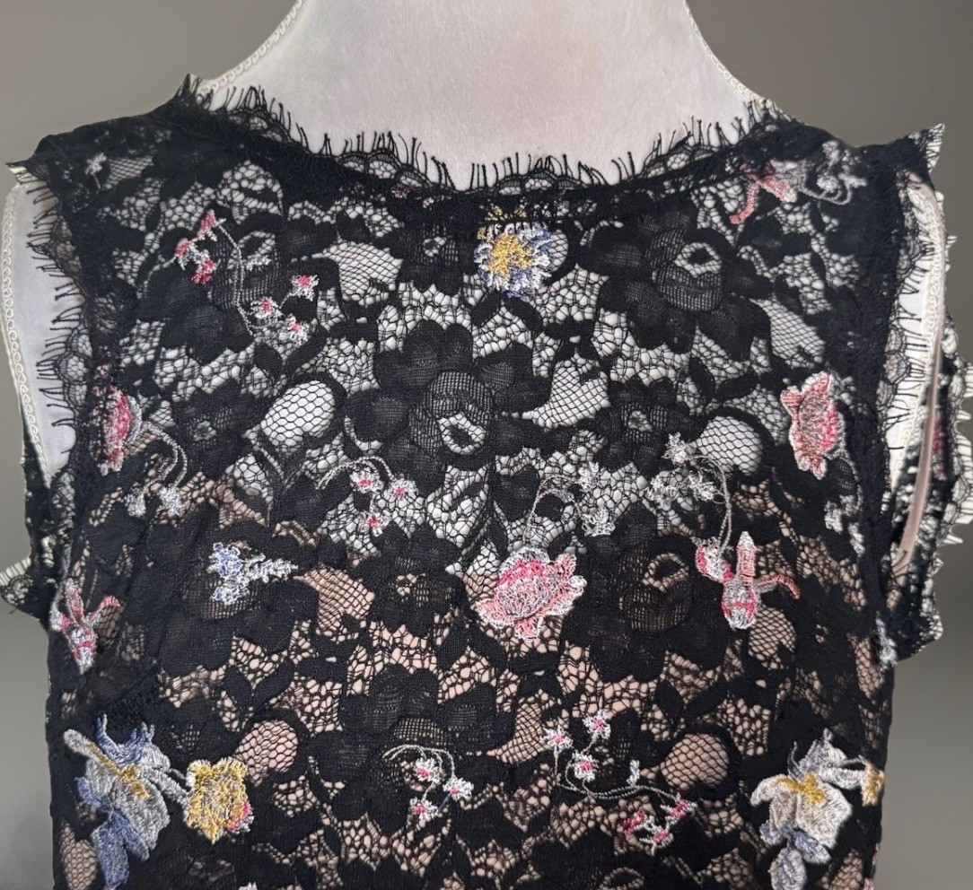 BCBGMaxazria Black Lace Bodycon Dress | Diame |Floral Embroidery | Dark Romance