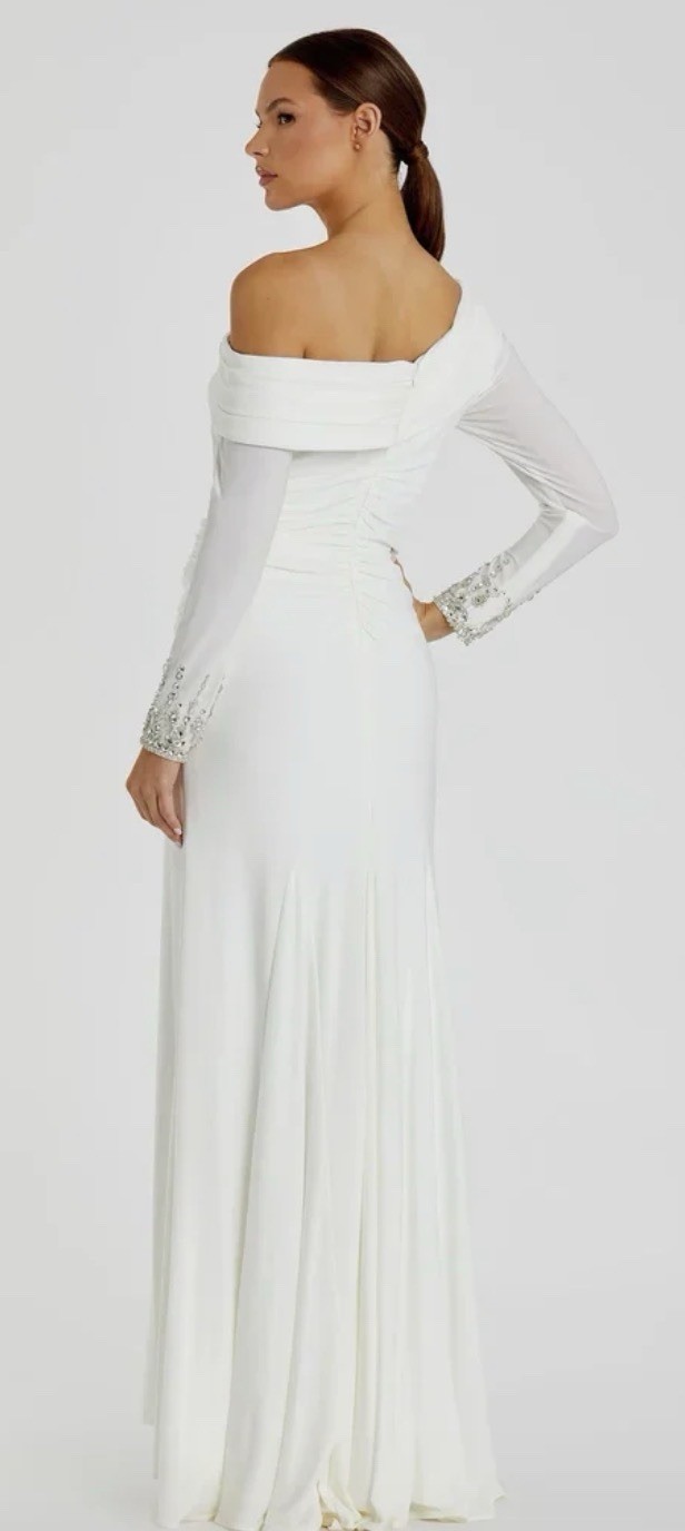 Mac Duggal White Off Shoulder Long Sleeve Beaded Cuff Side Slit Bridal Gown