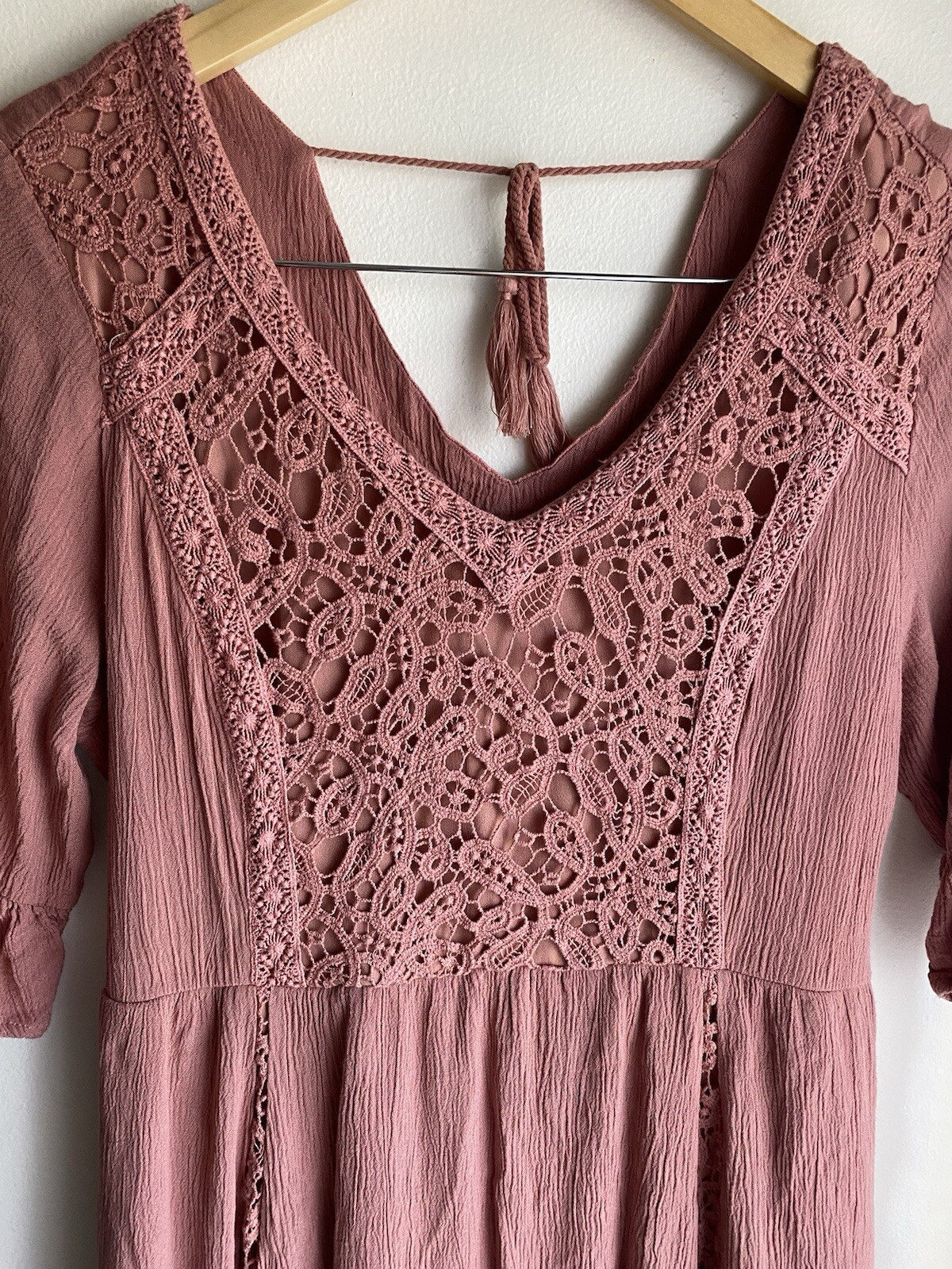 Maurice’s Dusty Rose Lace Mini 3/4 Ruffle Sleeve Dress Gauze Fit & Flare Boho