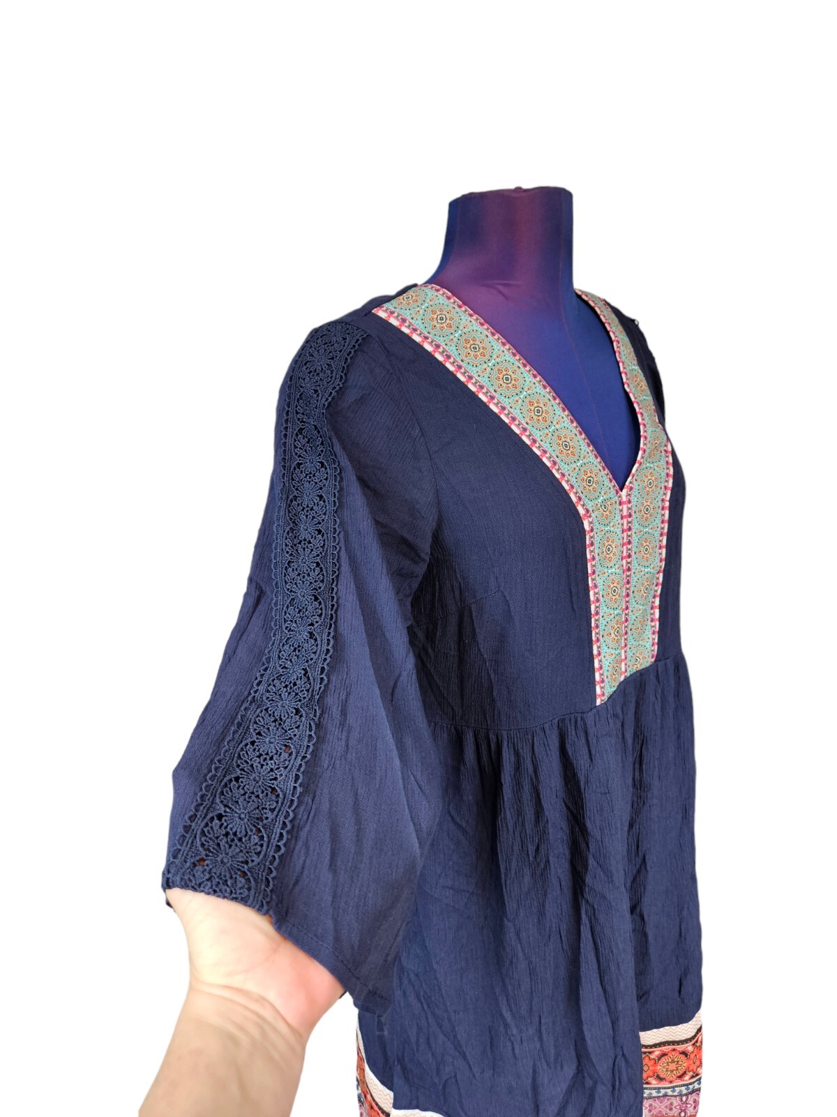 NWT White Mark Navy Boho Gabrielle Embroidered Dress Size Small Women’s G90