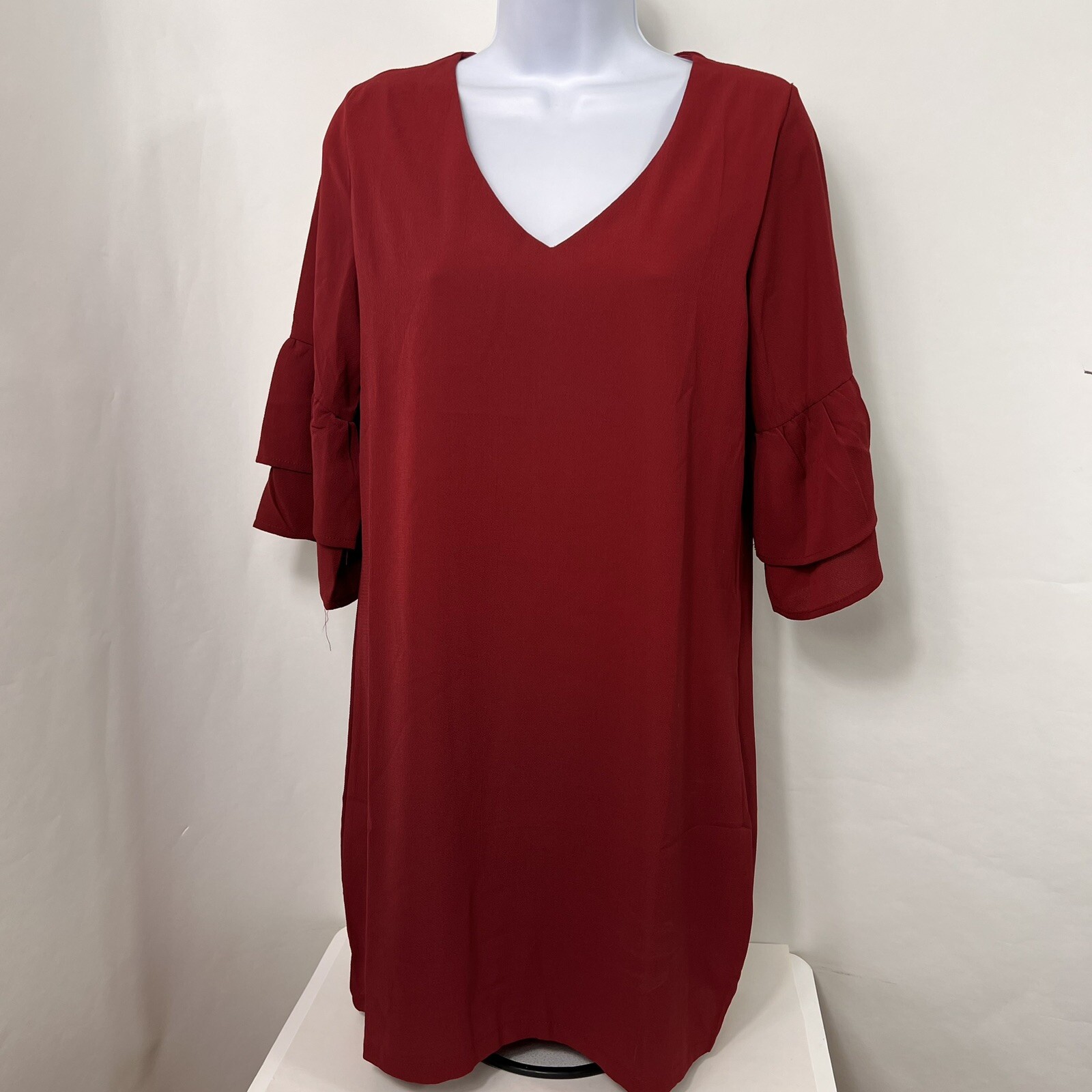 Belongsci Shift Dress Women’s Small 3/4 Sleeve Above Knee Mini V Neck Red