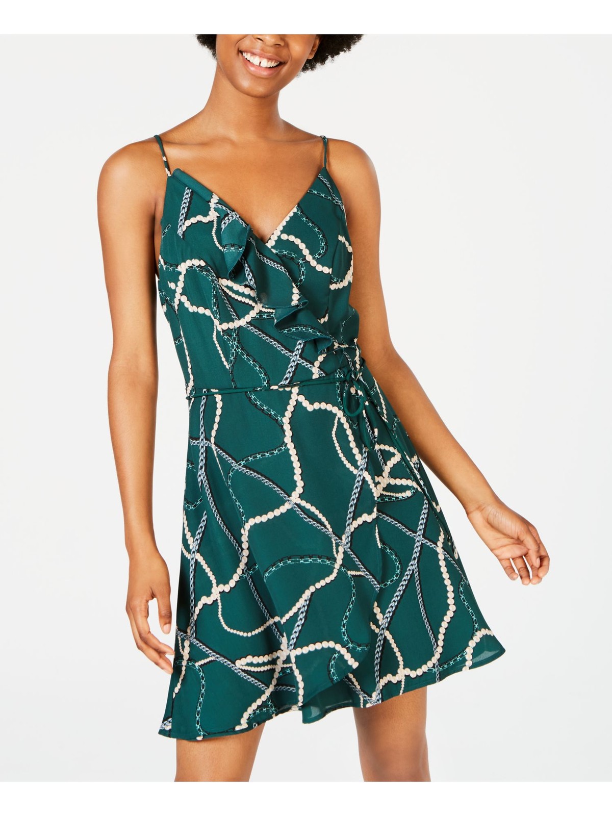 TEEZE ME Womens Faux Wrap Short Dress Green Spaghetti Strap Juniors 12