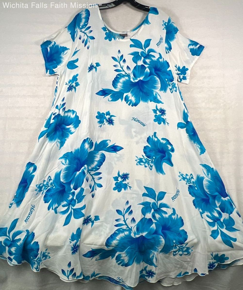 White Hawaiian Dress with Blue Flowers: One Size