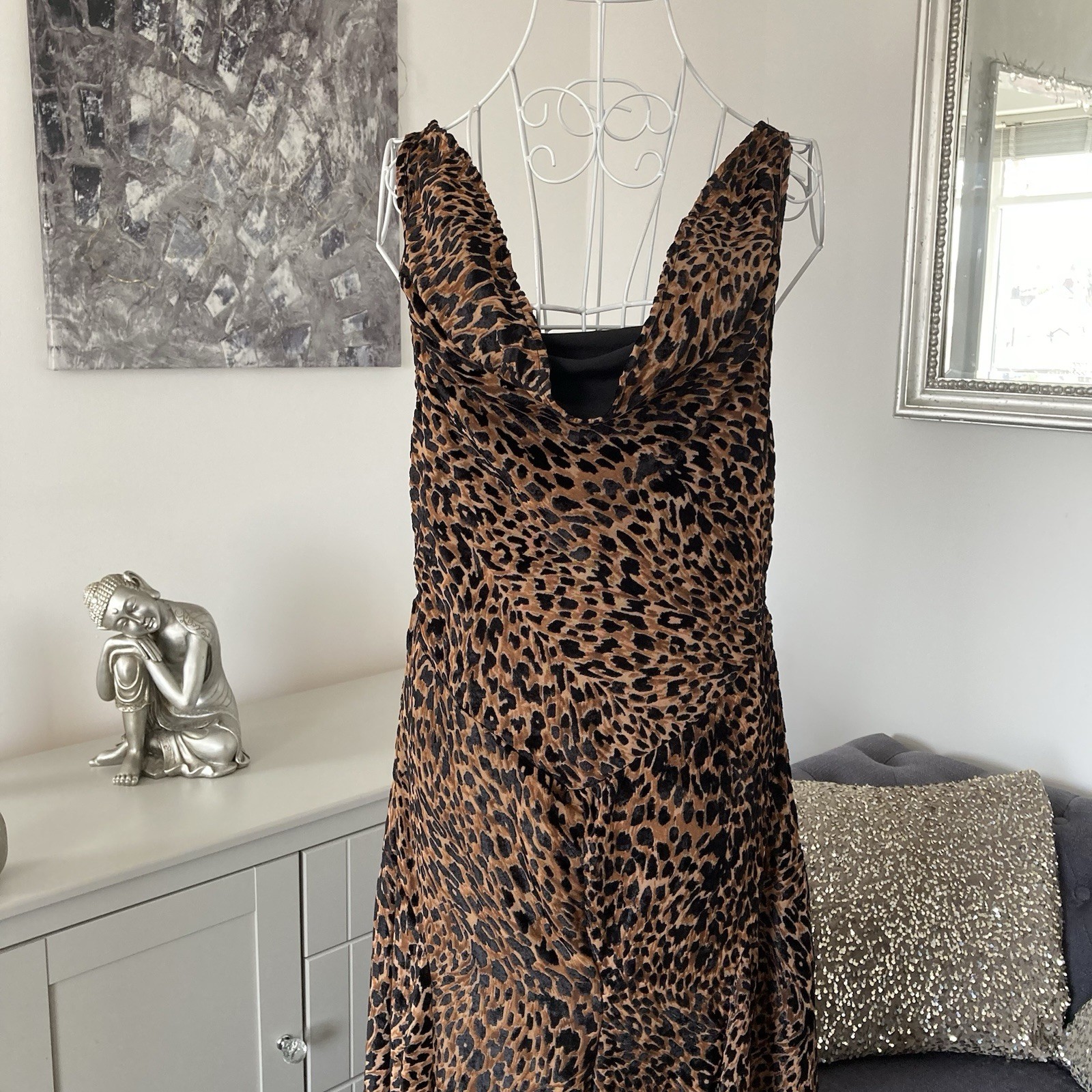 Leopard Print Devore Cowl Neck Sleeveless Thigh High Split Flared Maxi Dress 10