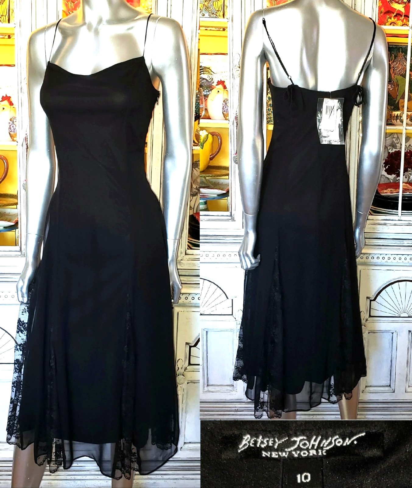 Vintage Betsey Johnson Slip Dress New York 90s Black Silk Lace Midi Size 10 M