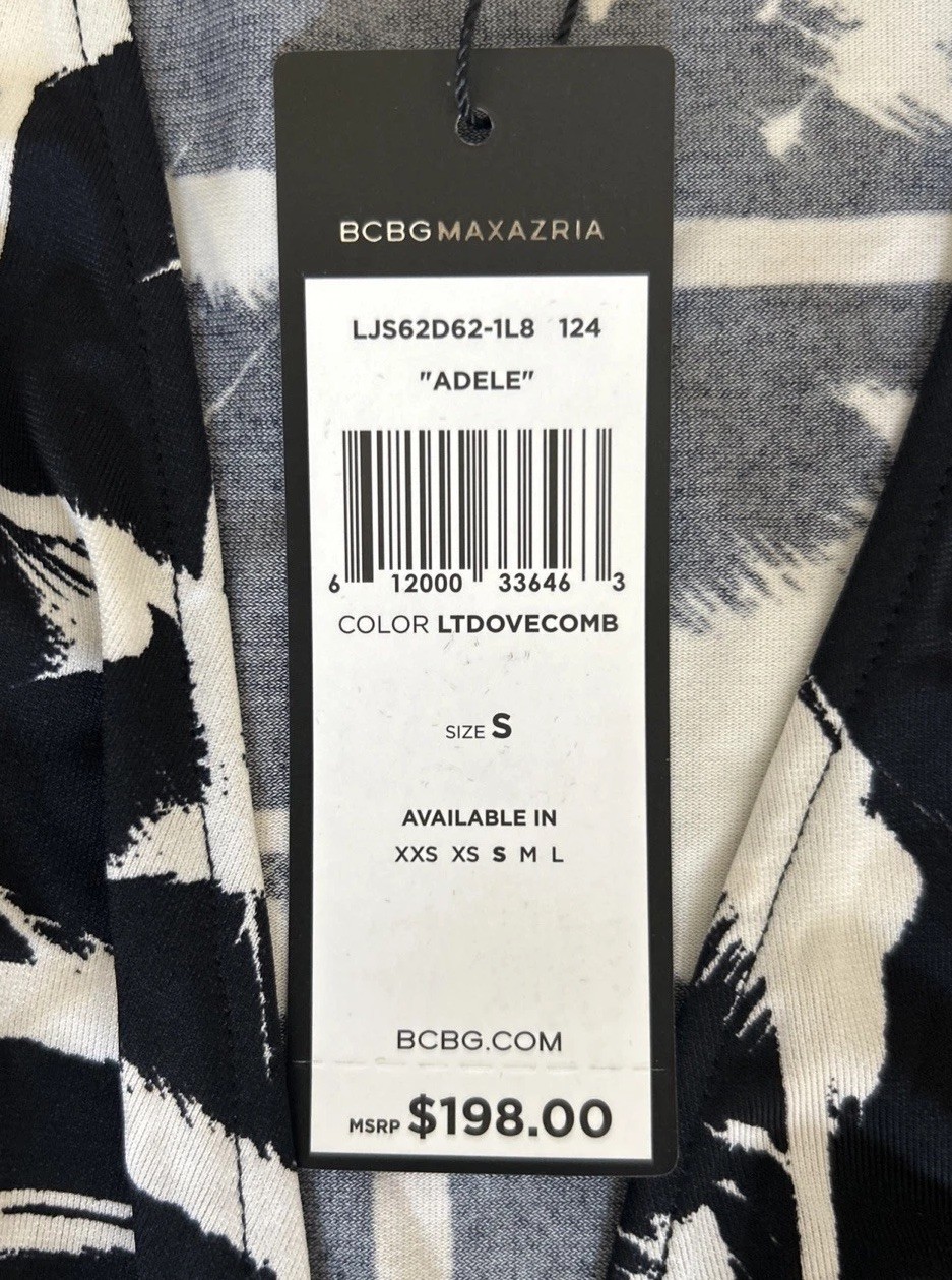 BCBGMAXAZRIA Small Adele Black Comb Printed Jersey Stretch Wrap Dress MSRP $198