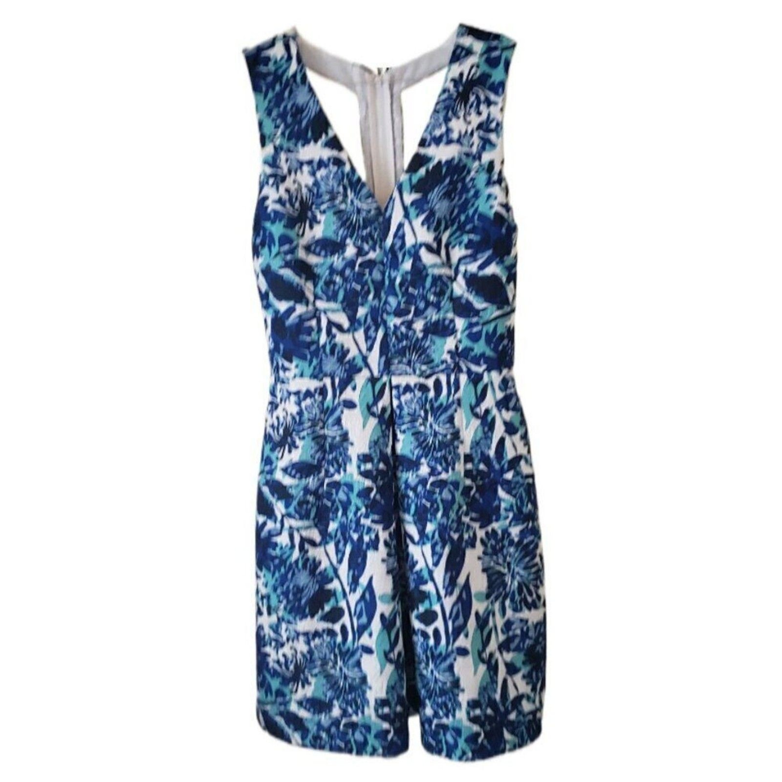 H&M Blue White Black Turquoise Floral Sleeveless Cut Out Back Dress