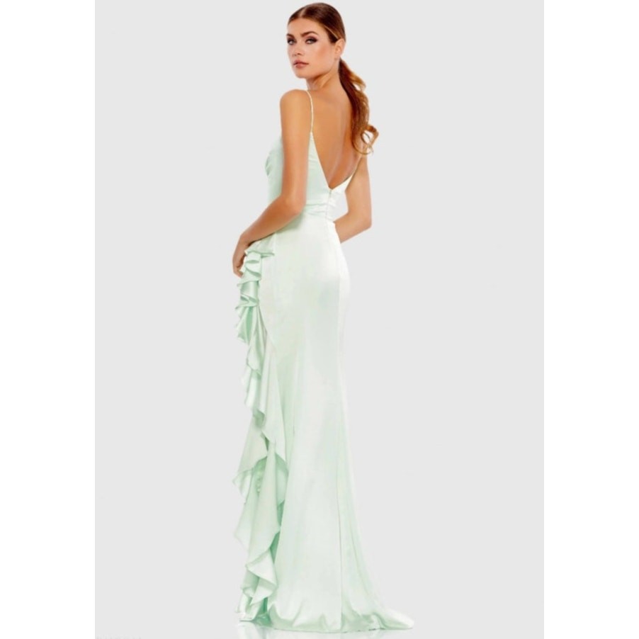 Mac Duggal Green Satin Ruffled Sleevless Prom Maxi Gown Dress Size 2 67815 NEW