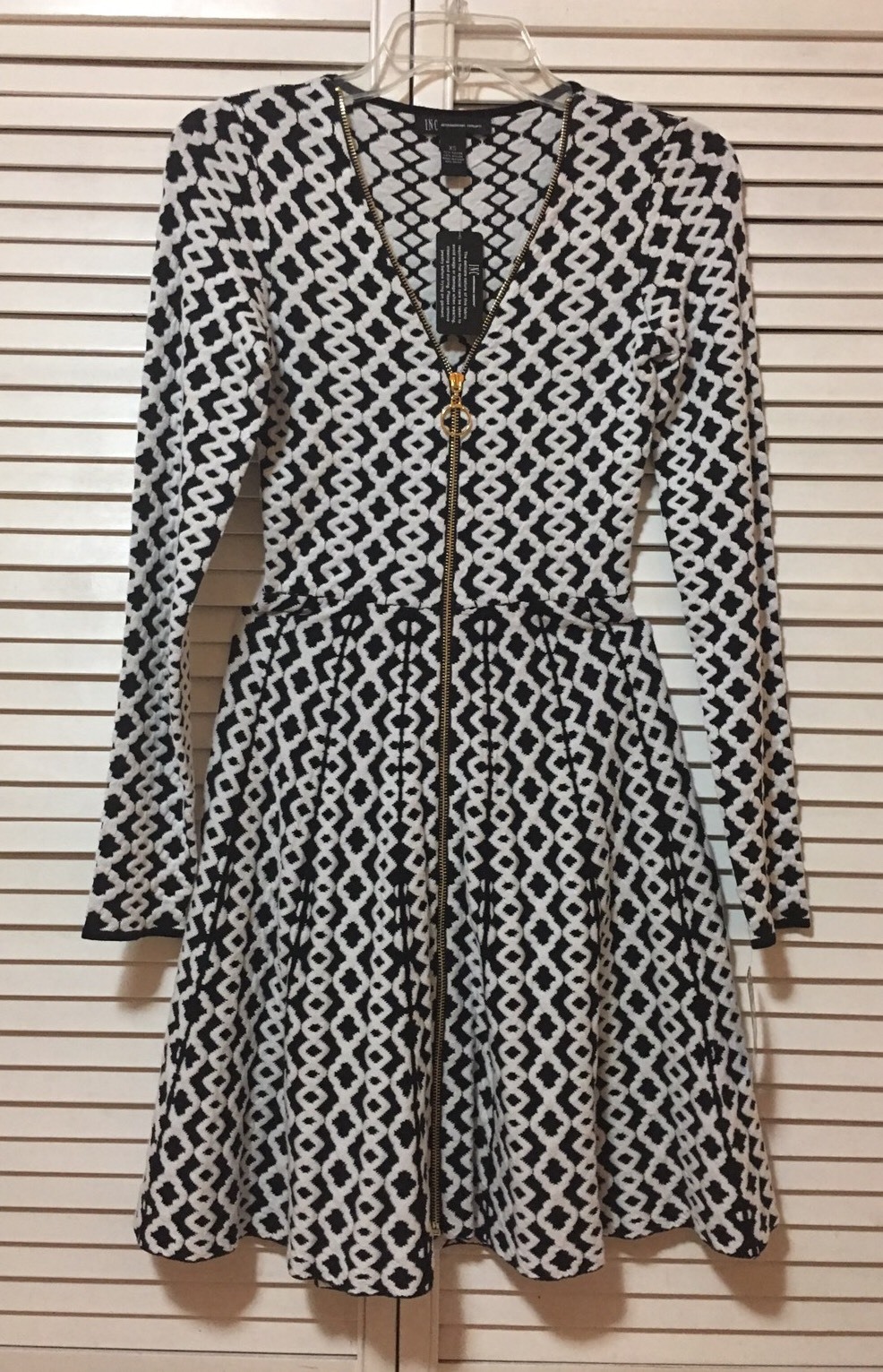 INC International Concepts Printed Zipper Front Sweater Dress Black XS,S,M