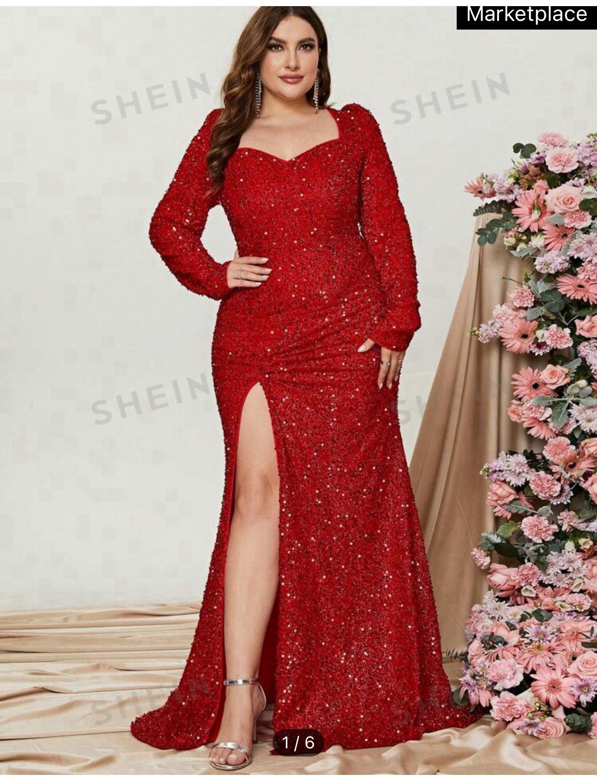 SHEIN Women’s 2XL Red Sequin Sweetheart Long Sleeve Maxi Dress w/ Slit