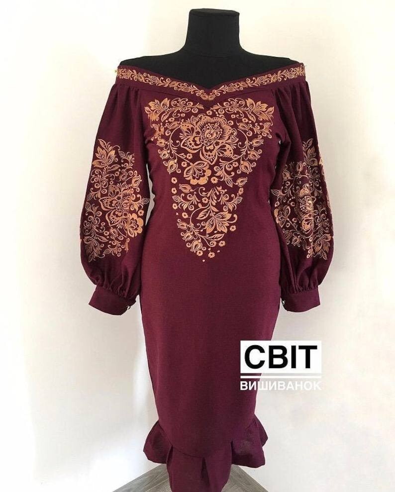 Burgundy Dress gold embroidered Ukrainian Folk Embroidery Gold Details Gift Her