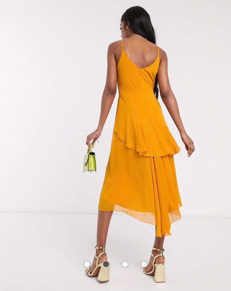 ASOS Yellow Solid V-Neck Ruffle Asymmetric Midi A-Line Dress US 8