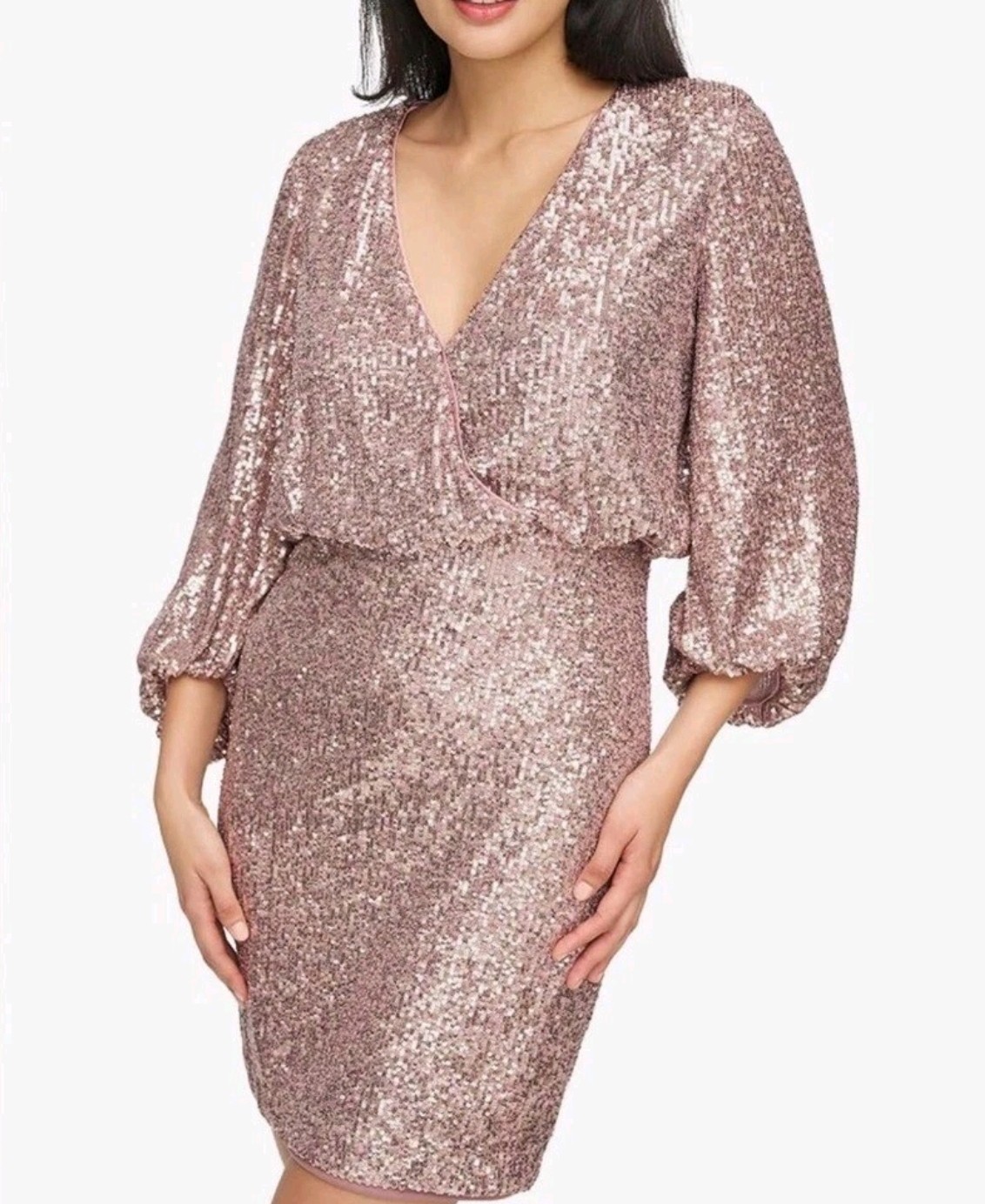 Eliza J Cocktail Sequin Mini Dress~ Rose Gold V-Neck Sheath/Balloon Sleeves NEW