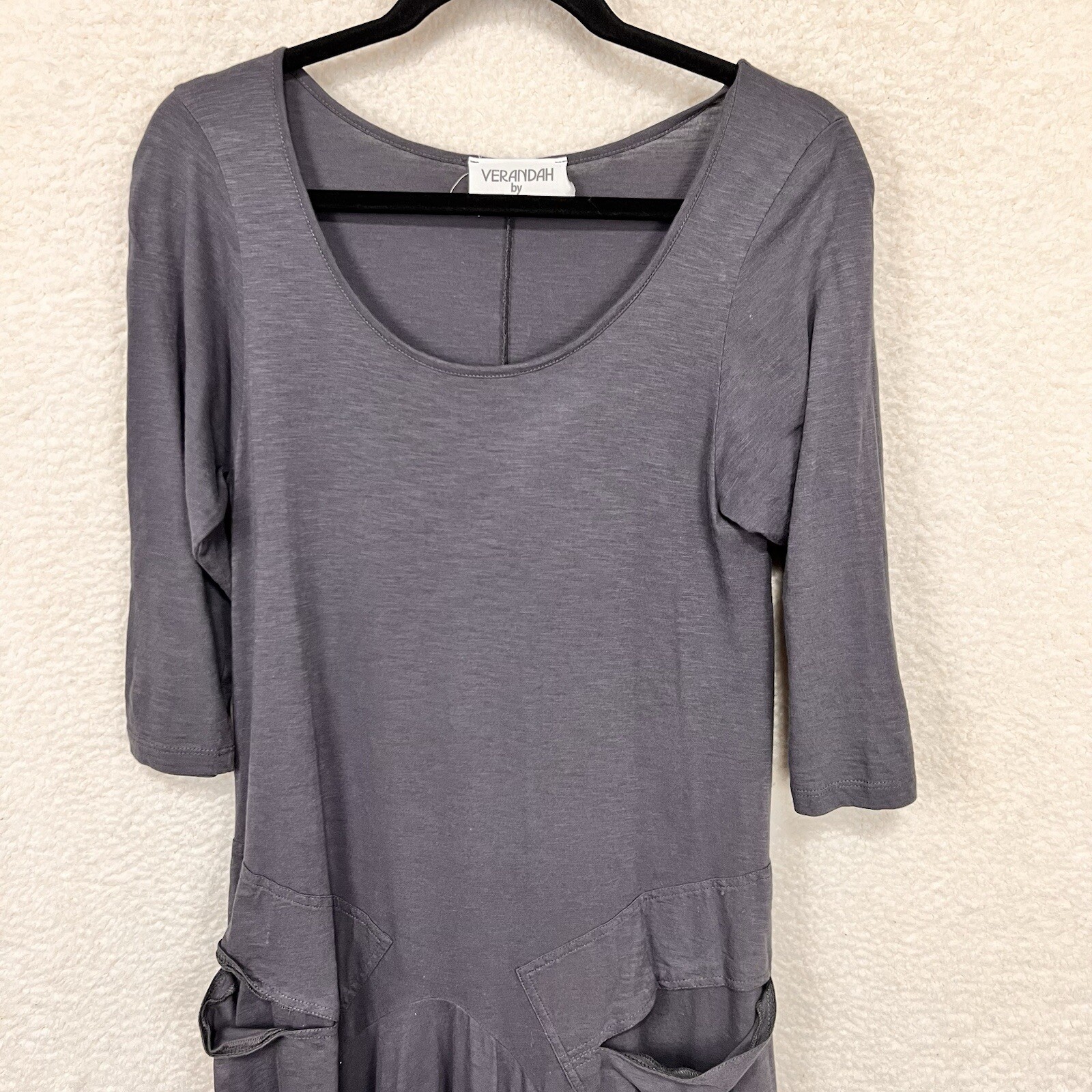 Verandah By Vina Dress Women’s One Size Gray Cotton Midi Lagenlook Pockets