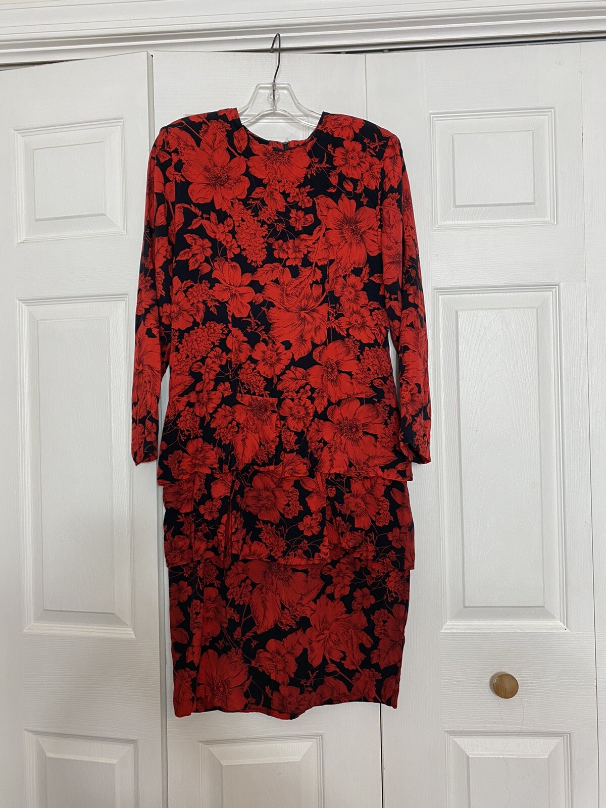 Vintage Jane Singer Size 10 Sheath Dress Red Black Floral Tiered Women’s