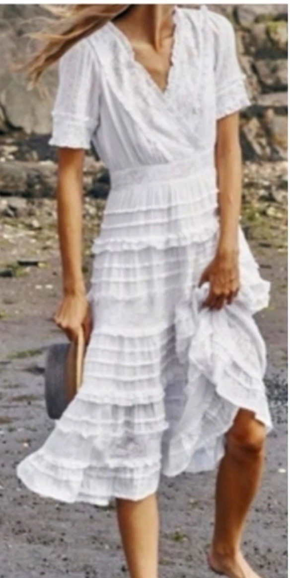ANTHROPOLOGIE LOVE THE LABEL Off White/Antique White Lace Tiered Dress Large