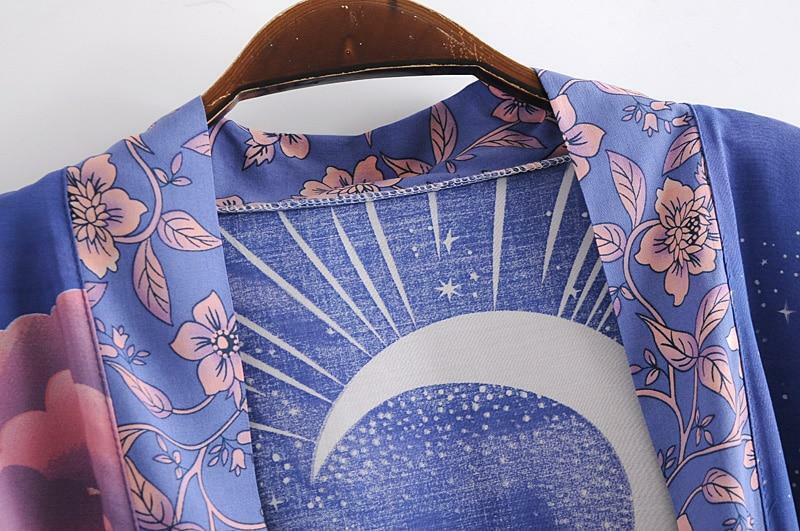 Purple Floral Moon Sky Cloud Print Boho Short Kimono Batwing Sleeve Robe
