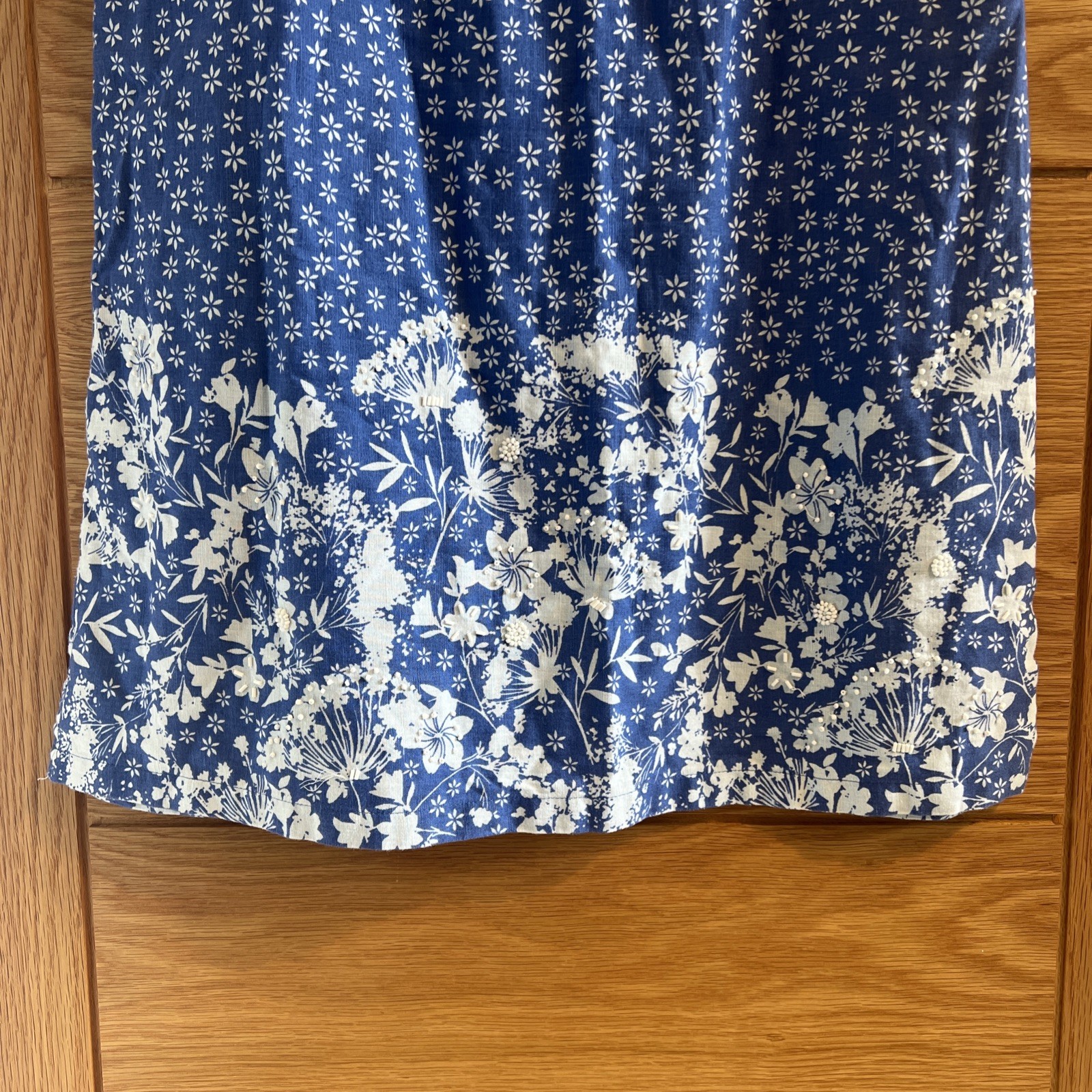 Per Una Dress UK 8 Blue White Floral Beaded Linen Cotton Blend Pockets Summer