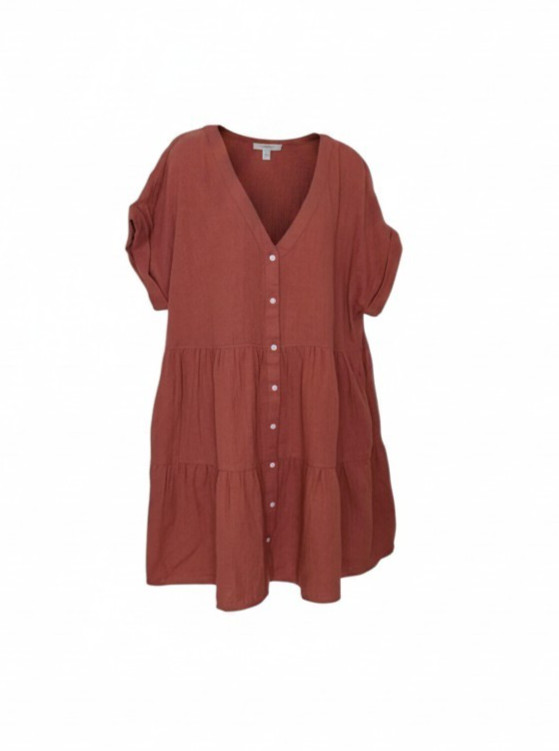 Madewell Lightspun Cuff-Sleeve Button-Front Tiered Mini Dress size XL