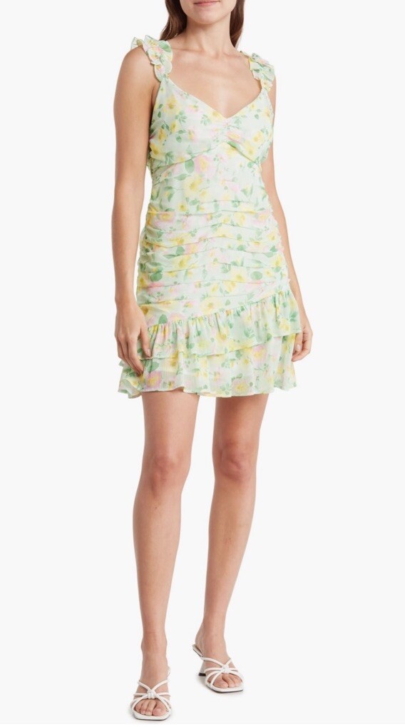 Elodie Floral Mini Chiffon Ruched Ruffle Dress Green Lined Sleeveless Women XL