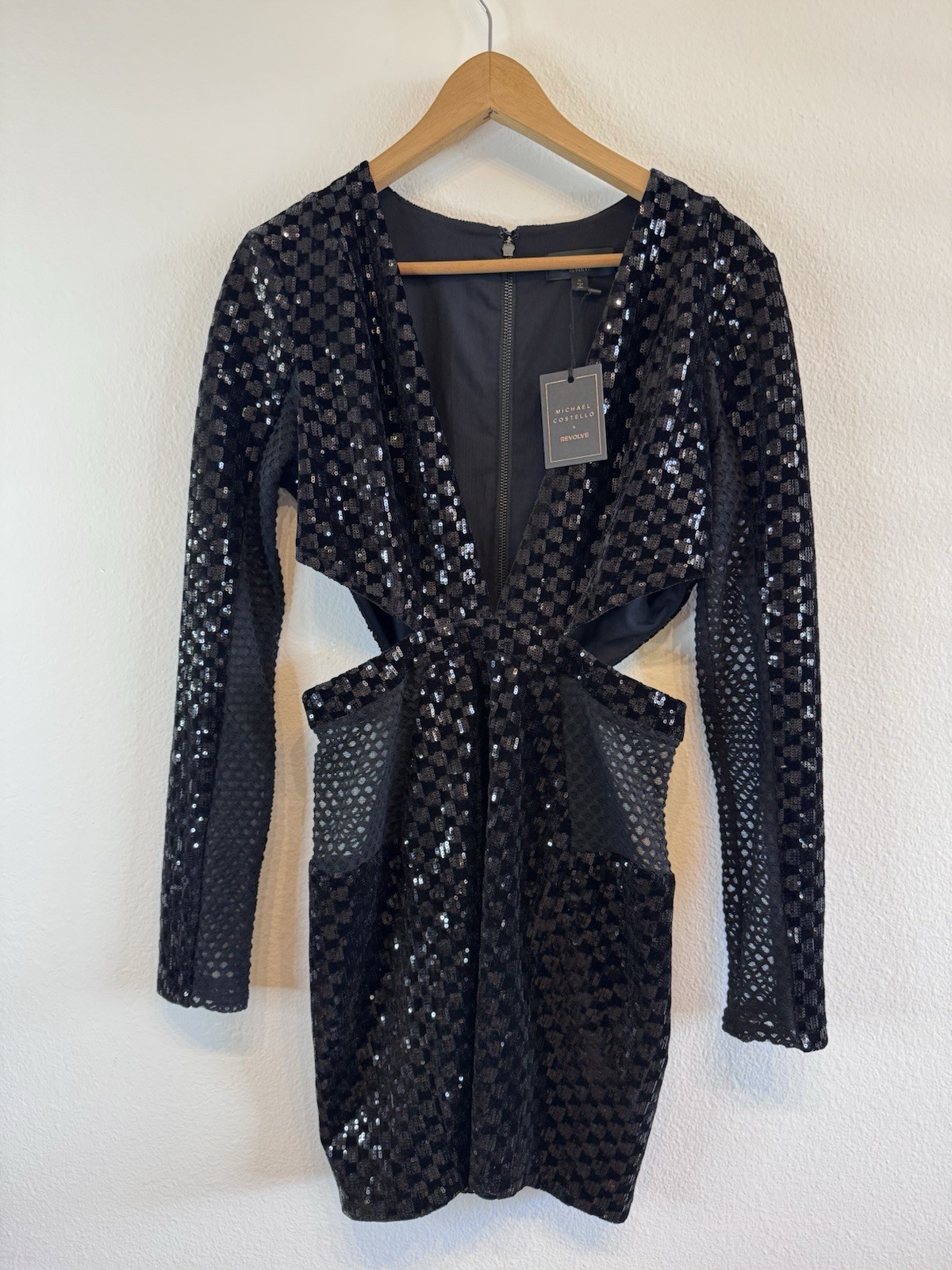 Michael Costello X Revolve Elise Mini Dress Black Sequin Cut Out Medium NWT