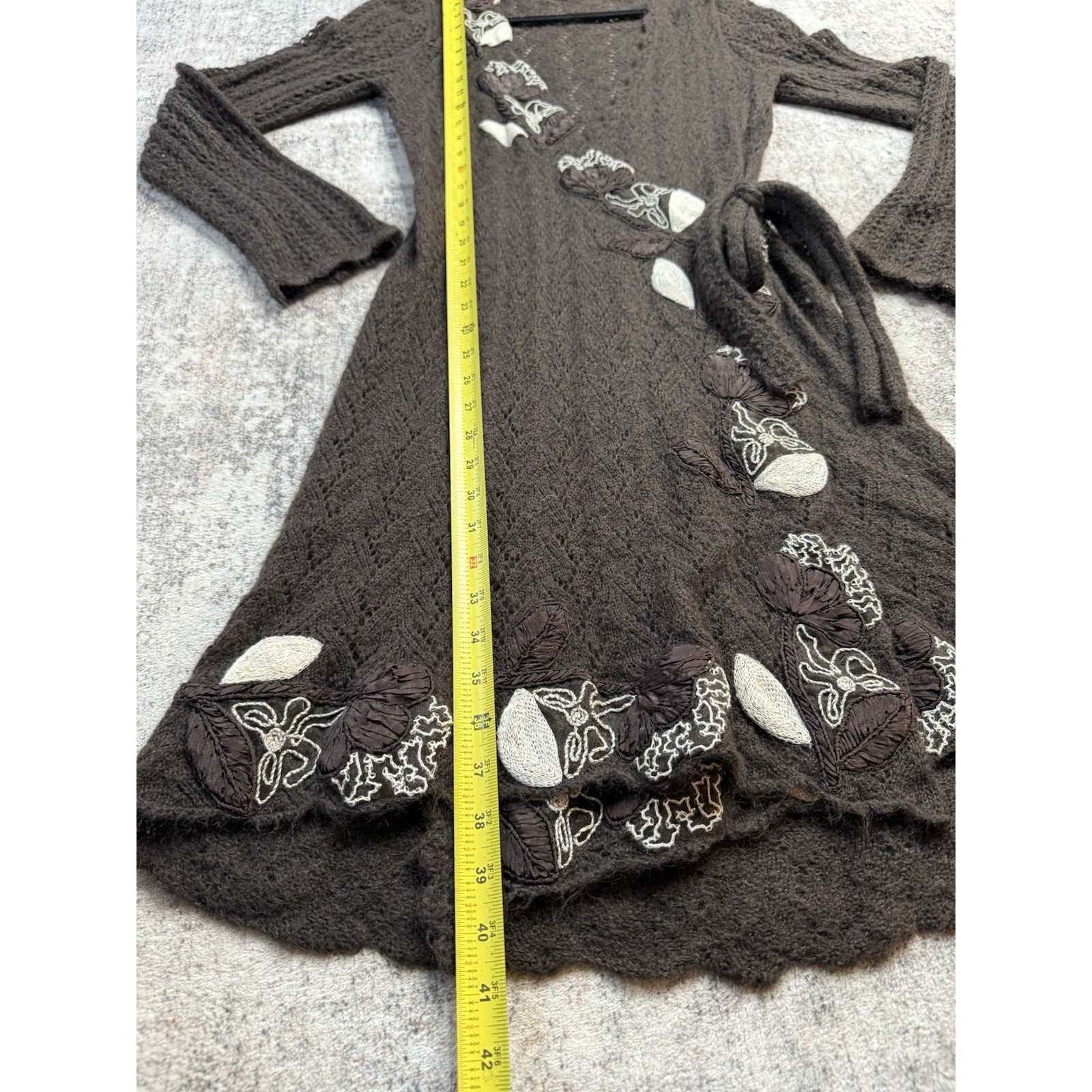 Wrap Longline Cardigan M Wrap Dress Mohair Brown Embroidered Open Knit Boho